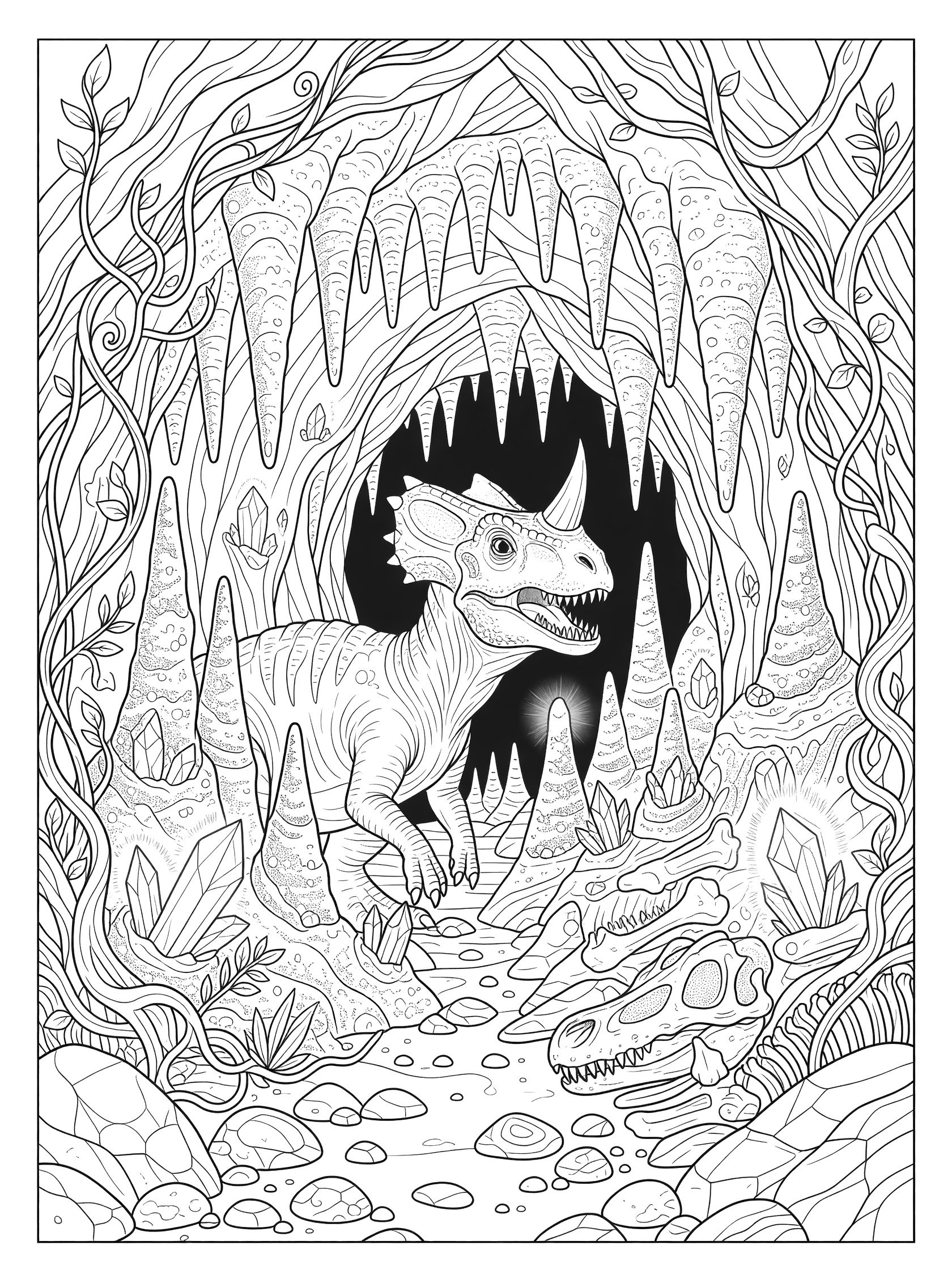 Black and white line art of a Ceratosaurus with nose horn excitedly exploring a dark cave filled with stalactites, stalagmites, glowing crystals, ancient bones and twisting vines.