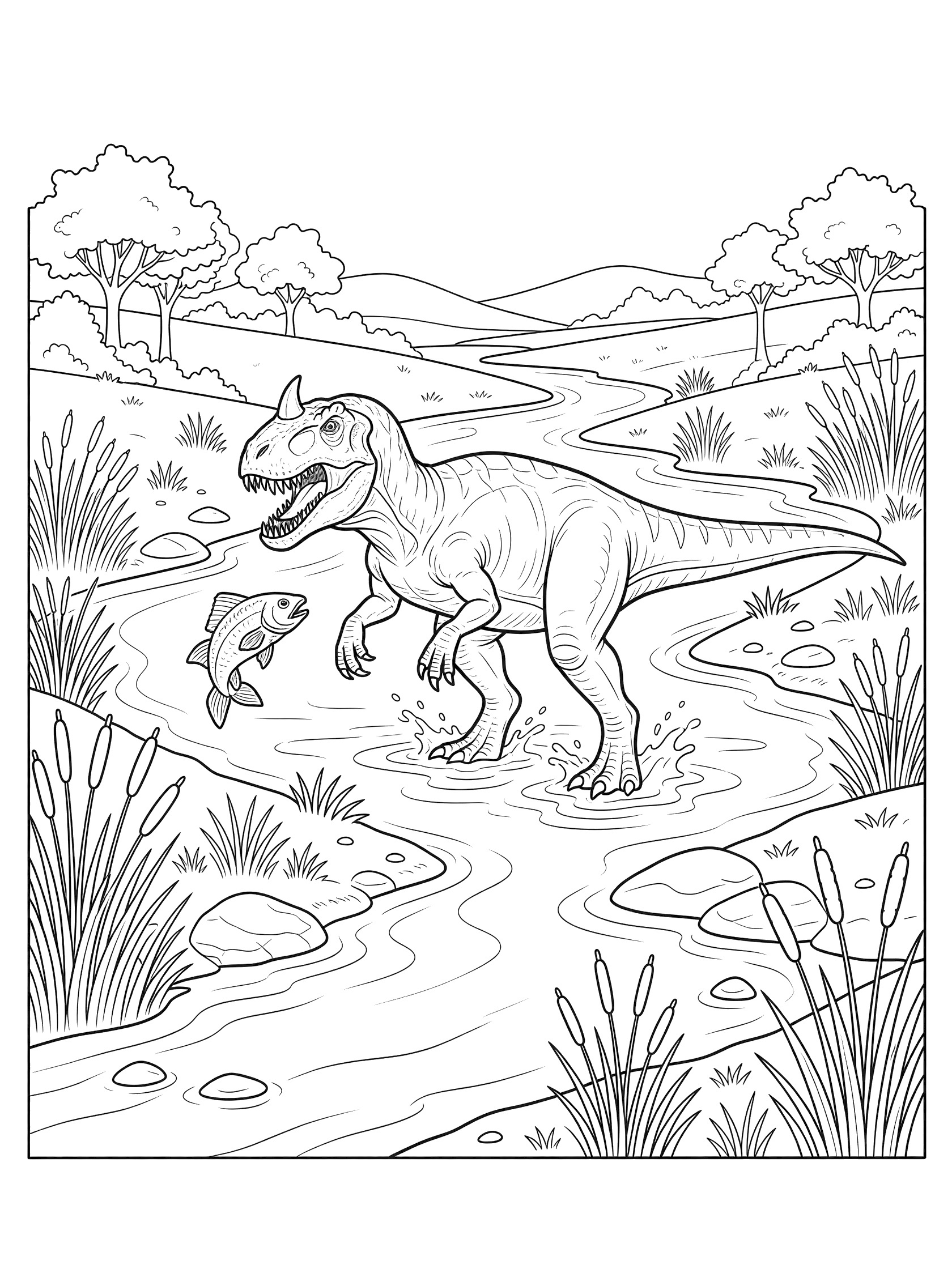 Line art coloring page showing Ceratosaurus standing in a river catching a leaping fish, surrounded by reeds, rocks, waves, trees and hills.