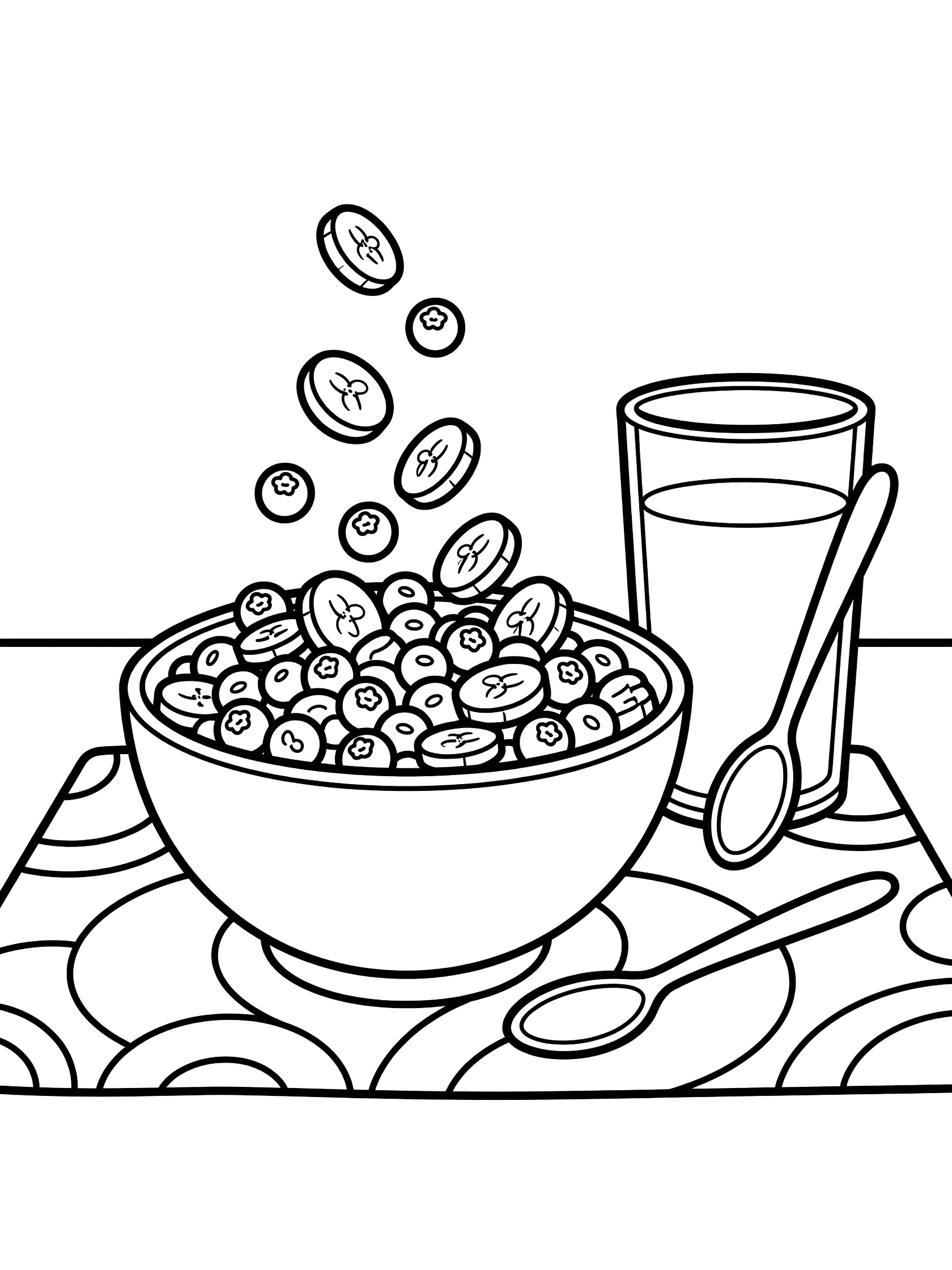 Line art coloring page showing a wide bowl full of cereal topped with tumbling banana slices and blueberries, next to a tall milk glass and spoon on a placemat