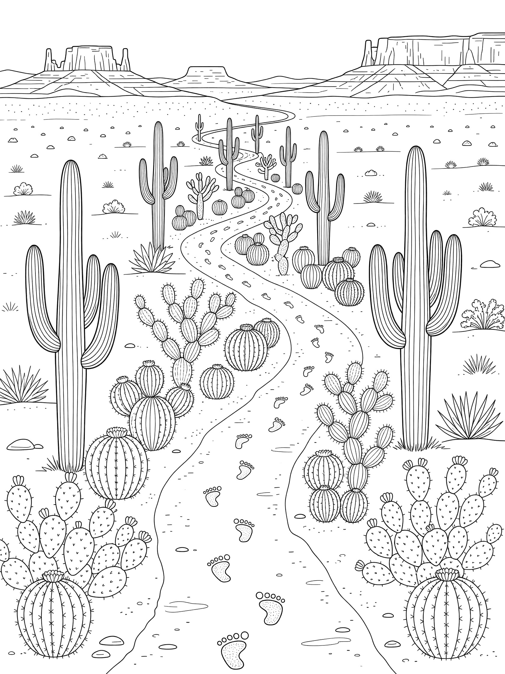 Line art coloring page showing a chain of different cacti species along a winding desert trail with footprints, distant mesas, and sandy ground