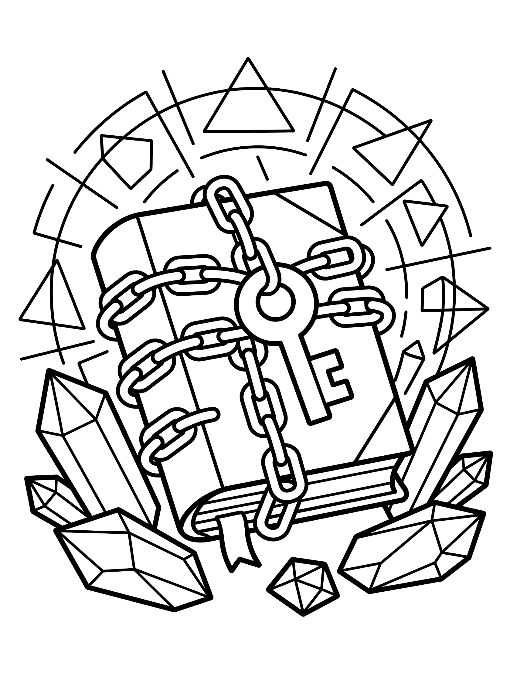 Black and white line art coloring page showing a geometric spellbook wrapped in chains and locked with a large key, surrounded by sparkling crystal shapes.