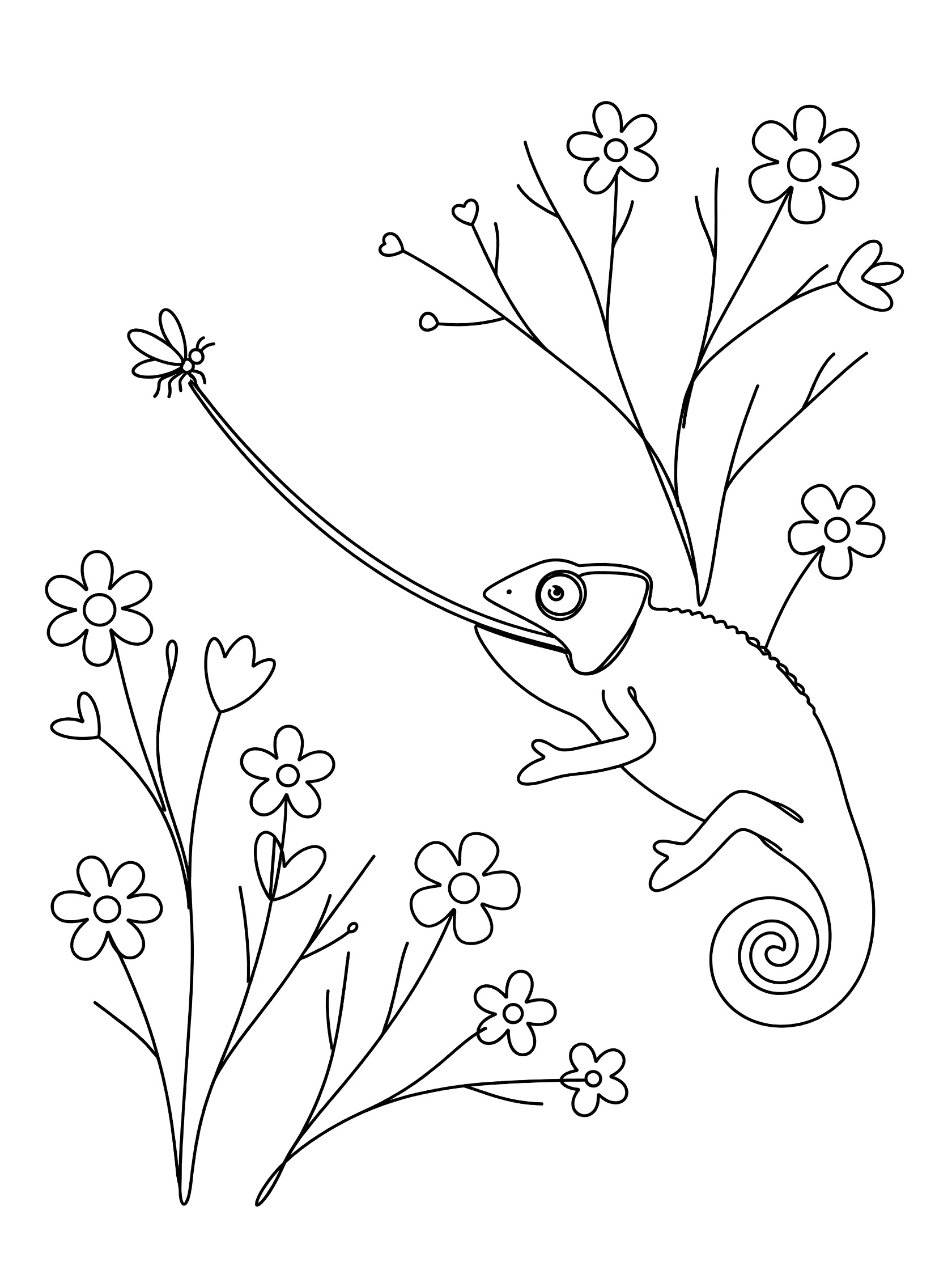 Line art coloring page showing a chameleon with extended tongue catching a butterfly among twigs and flowers