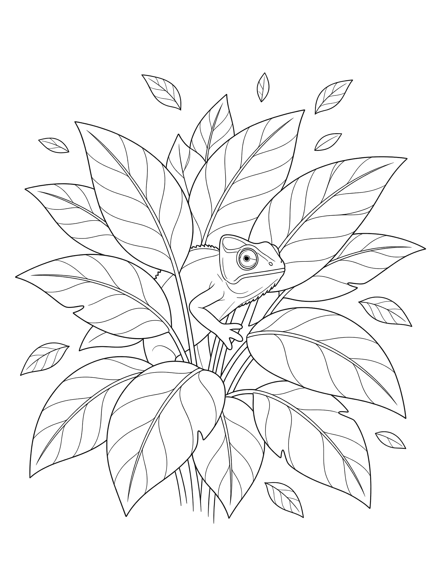 Black and white line art coloring page showing a chameleon partially hidden among overlapping large leaves with small leaves scattered around.