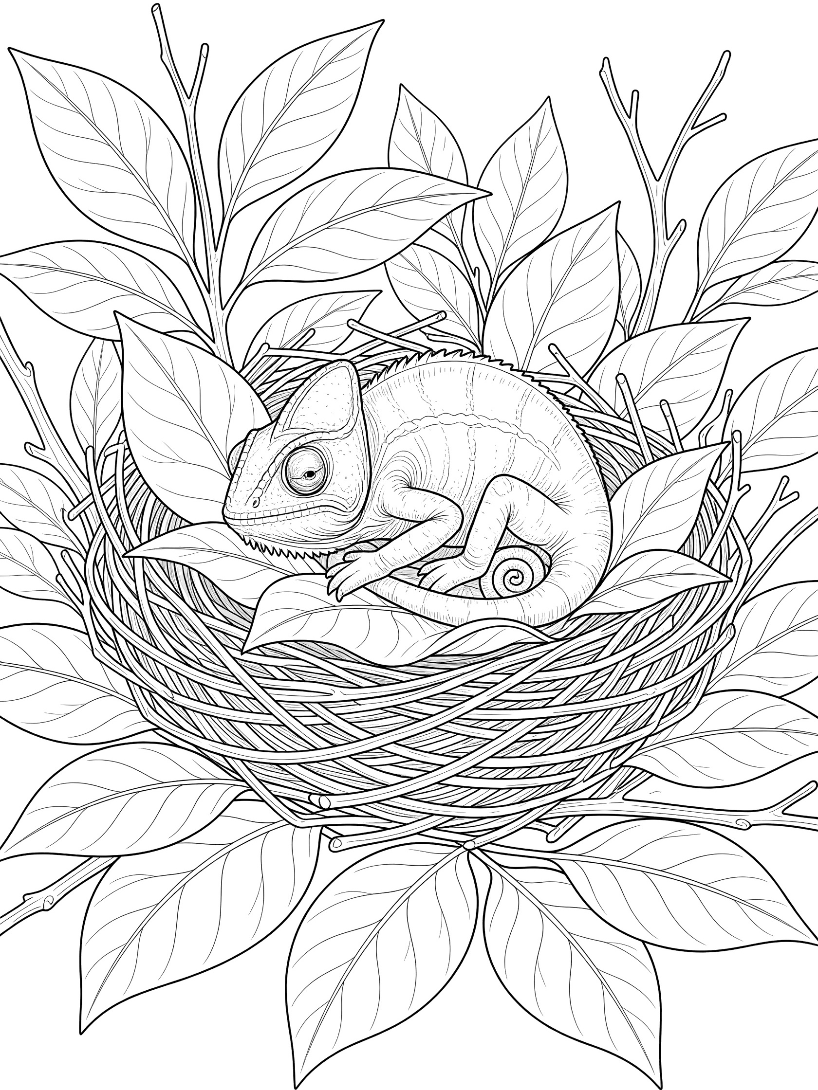 Black and white line art coloring page showing a chameleon resting peacefully in a nest made of twigs and large leaves, with detailed leaf veins and branch outlines.
