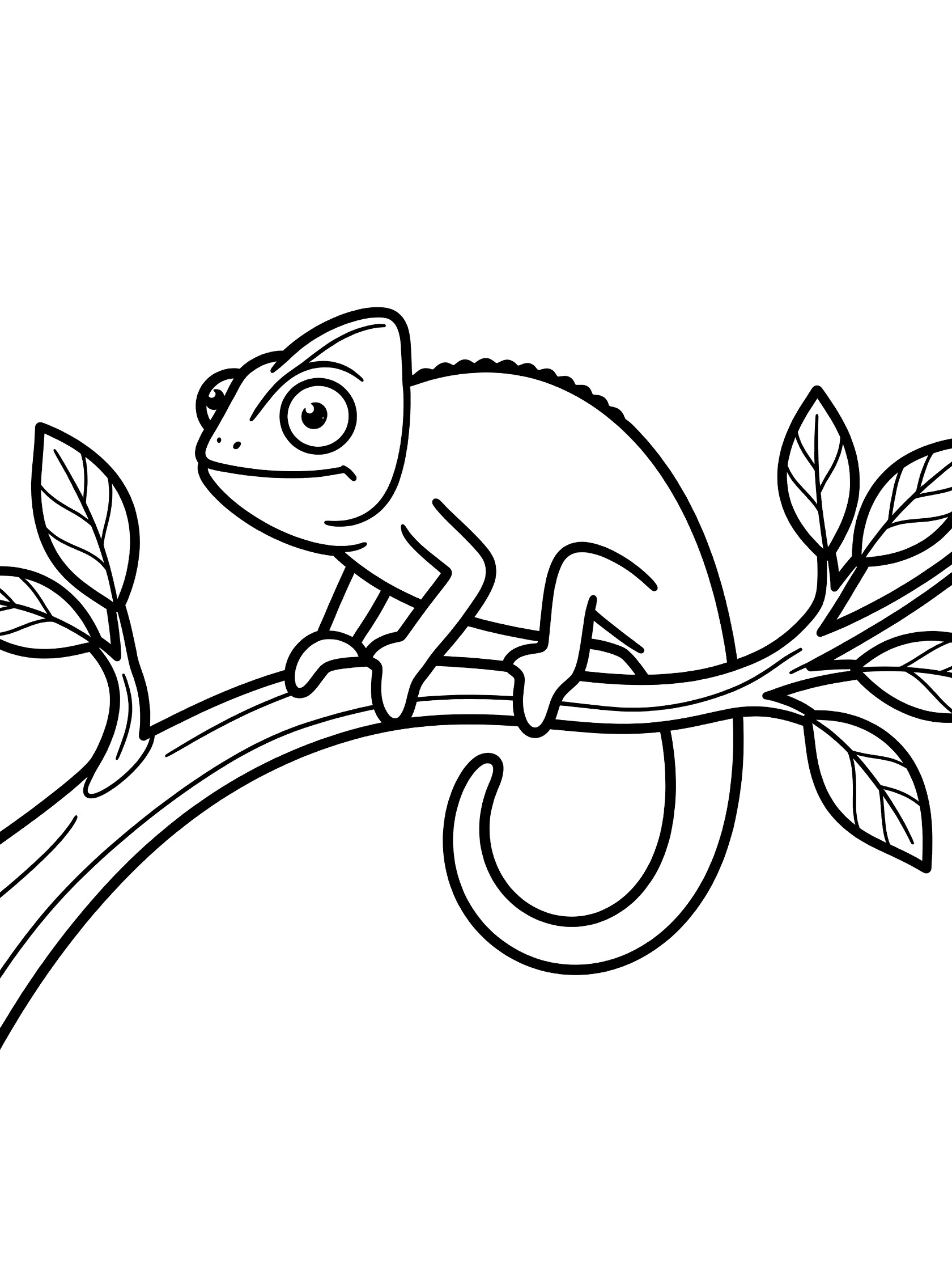 Black and white line art coloring page showing a chameleon on a tree branch with simple leaves, clean outlines for easy coloring.