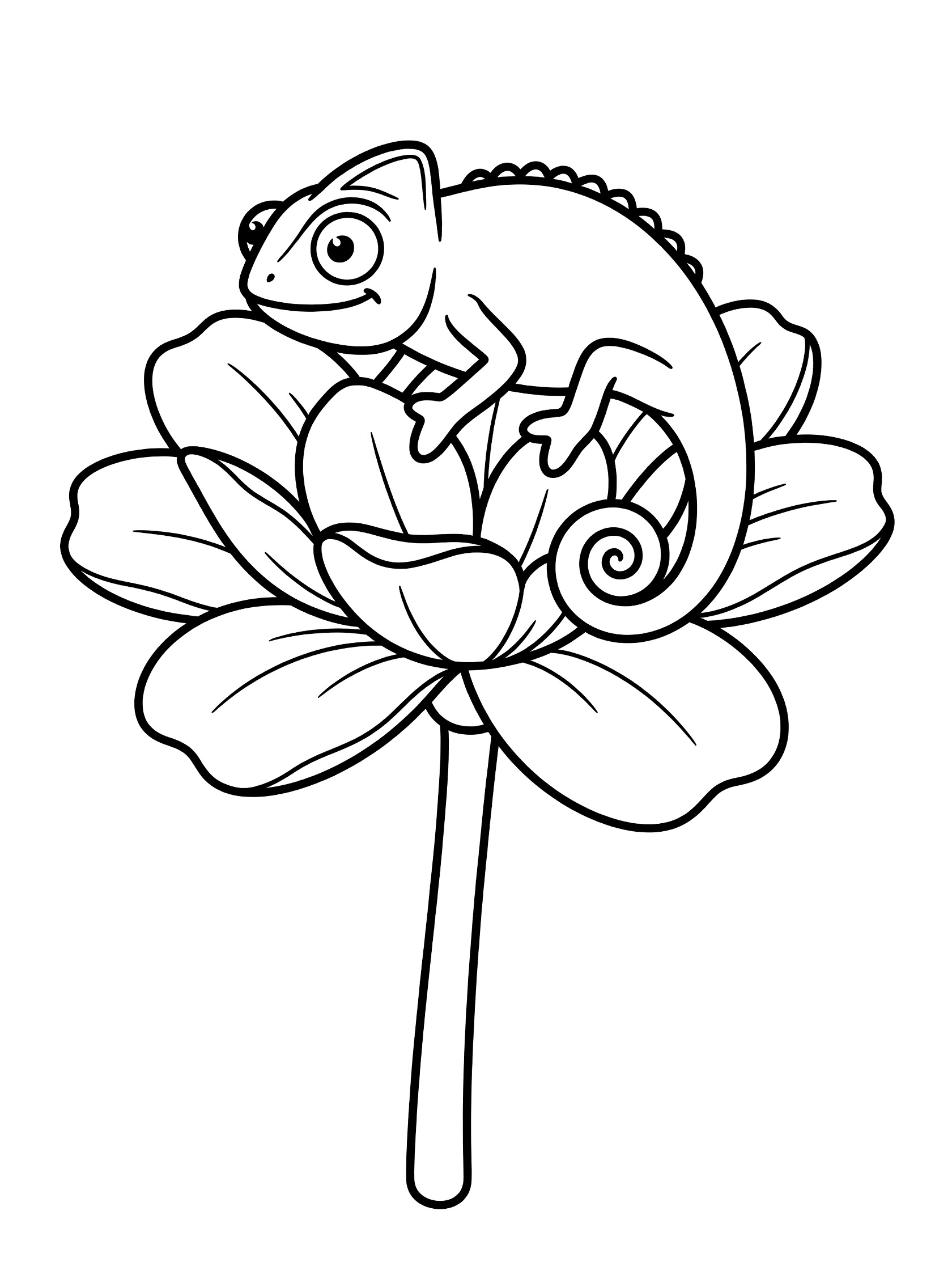 Black and white line art coloring page showing a happy chameleon perched on a large blooming lotus flower with wide petals, curly tail, and tall stem.