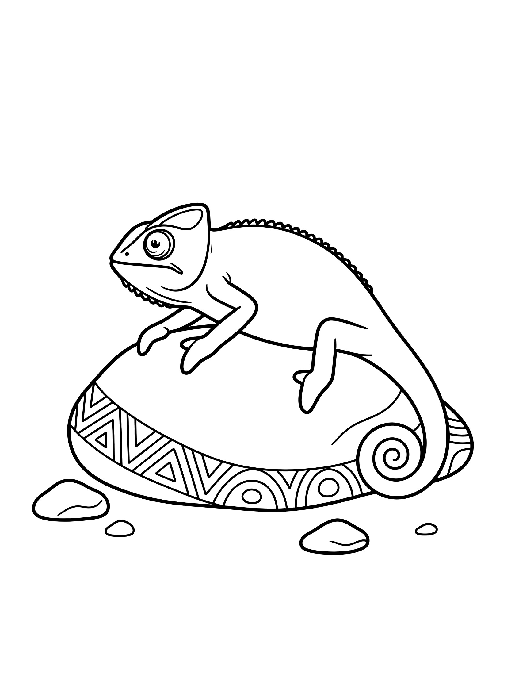 Black and white line art coloring page showing a chameleon stretched out on a smooth rock with geometric patterns and small pebbles nearby.