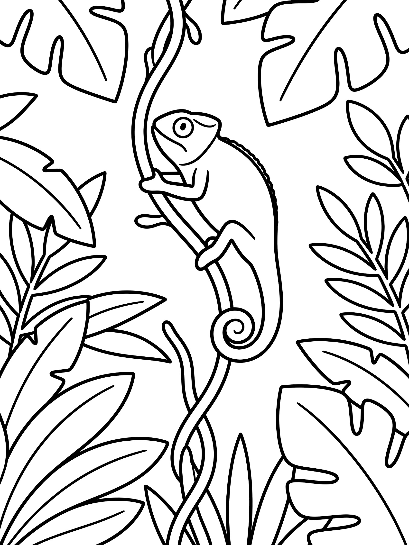 Black and white line art coloring page showing a chameleon climbing a curly vine surrounded by simple leaves.