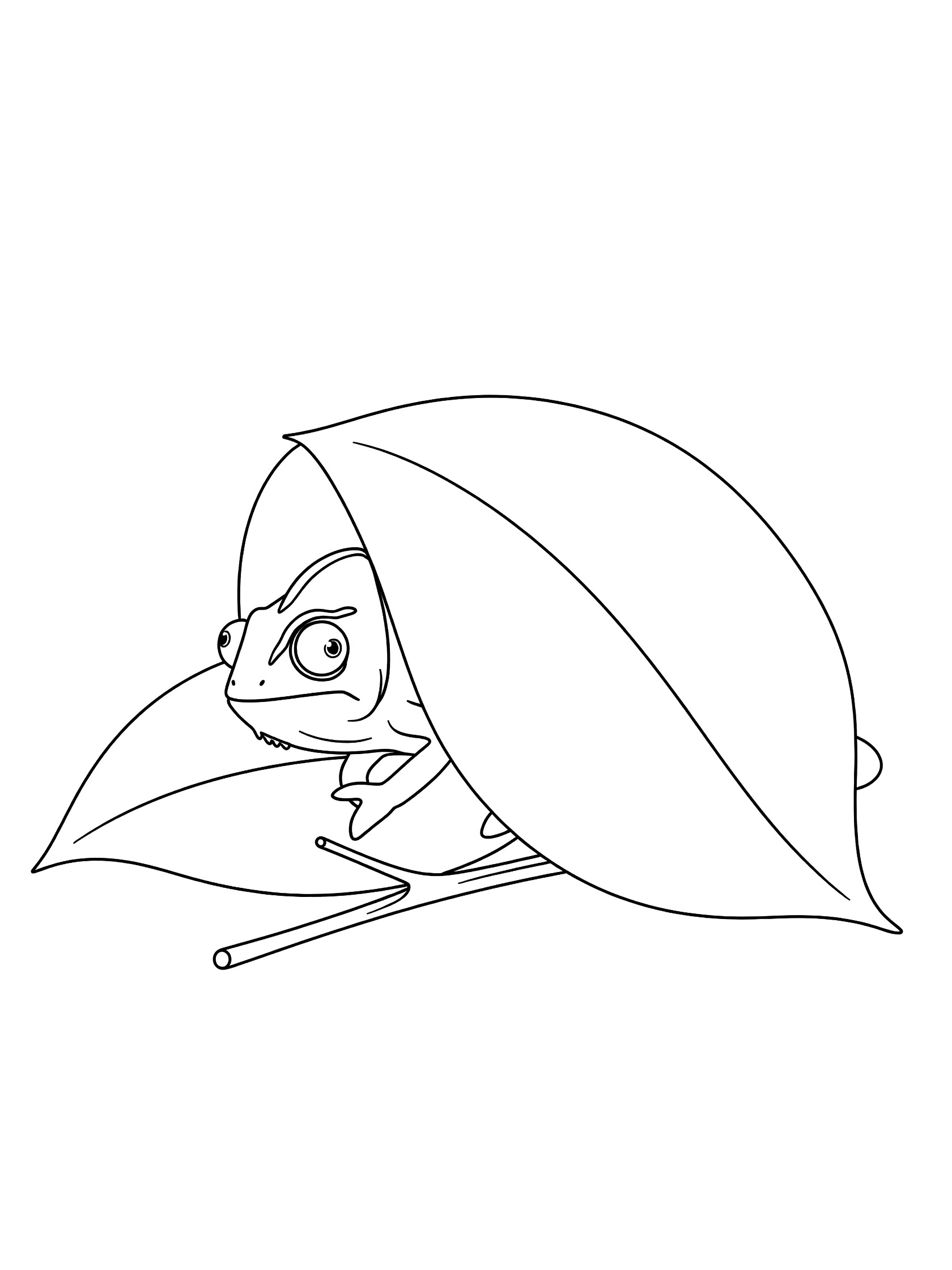 Black and white line art coloring page showing a chameleon hiding behind a large leaf with its eyes and body peeking out, plus a small twig.