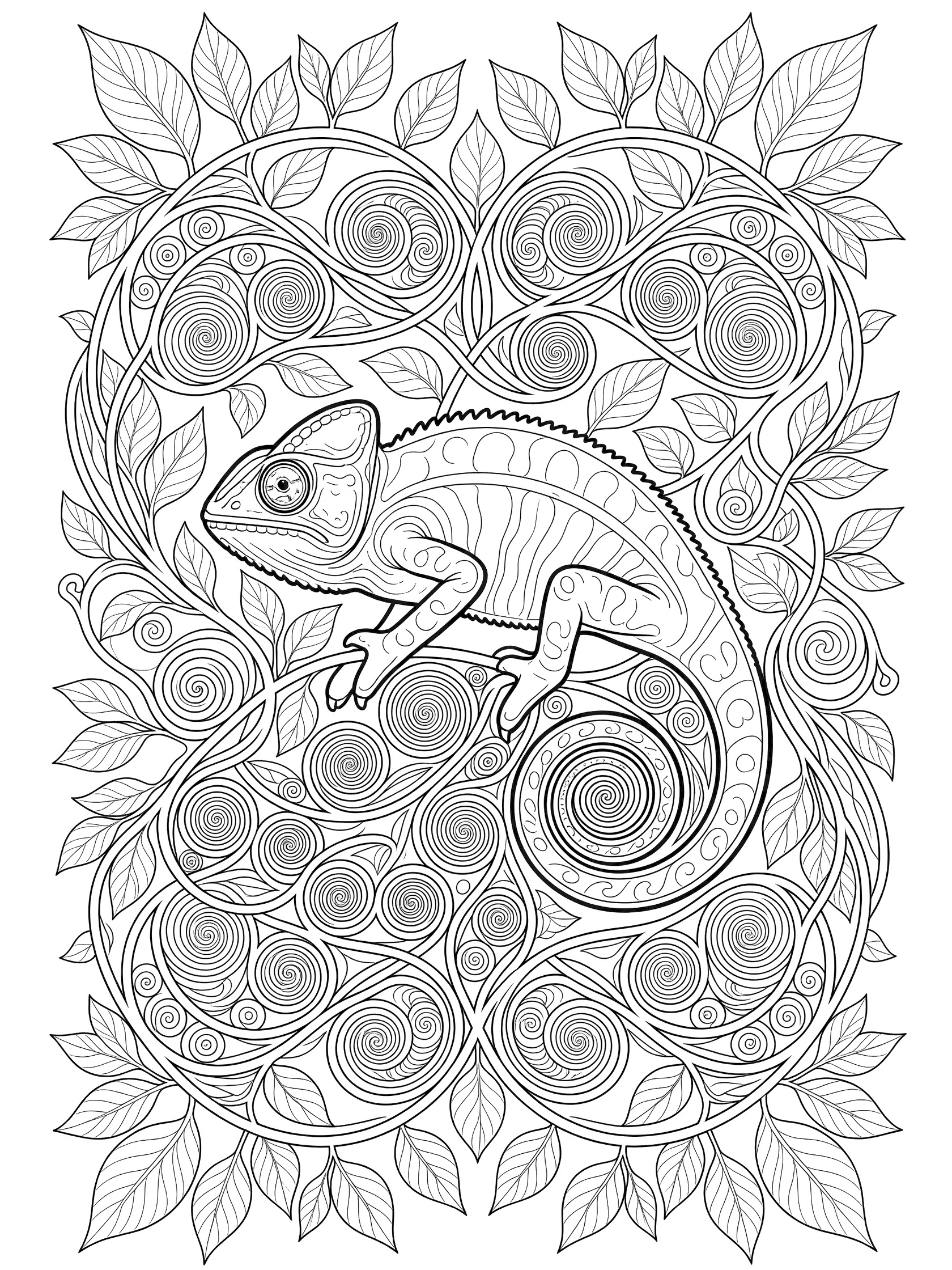 Black and white line art coloring page of a chameleon with intricately curled tail amid swirling vines and leaves.
