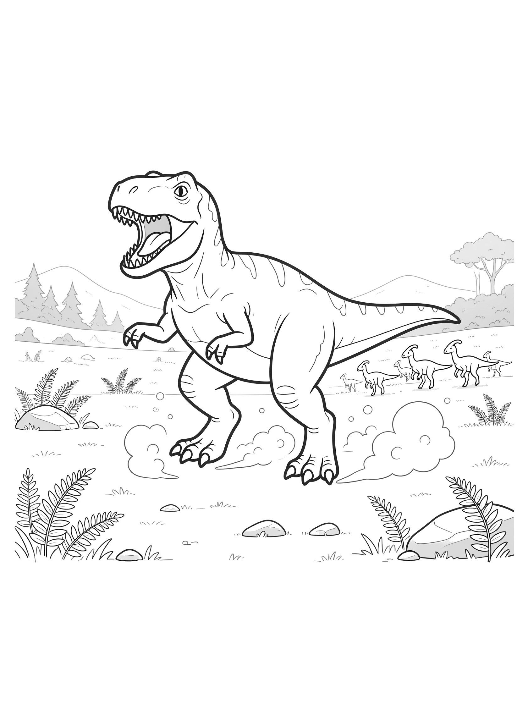 Line art coloring page showing a fierce Daspletosaurus charging forward with mouth open, short arms out, kicking up dust, and small Parasaurolophus fleeing ahead on a plain with ferns and background hills.