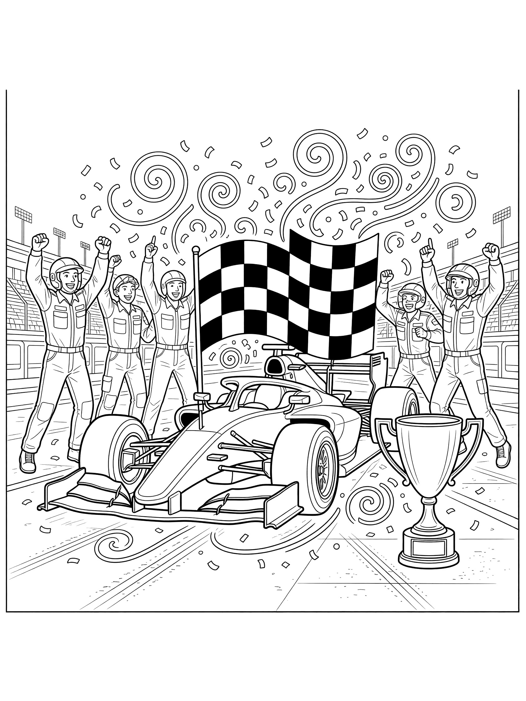 Black and white line art of Indy race car in victory lane draped with checkered flag, crew cheering with fists up, confetti swirls, and trophy on pavement.