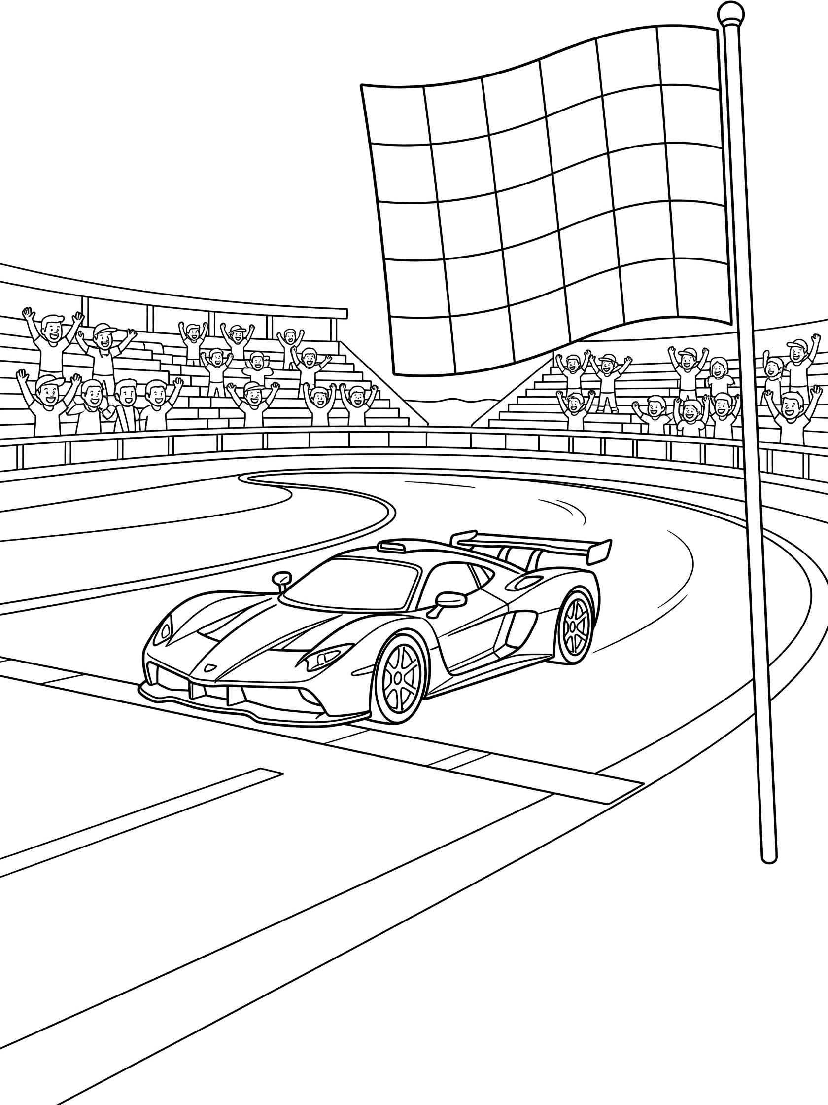 Black and white line art of a sleek race car speeding on an oval racetrack under a large waving checkered flag with grandstands and spectators.