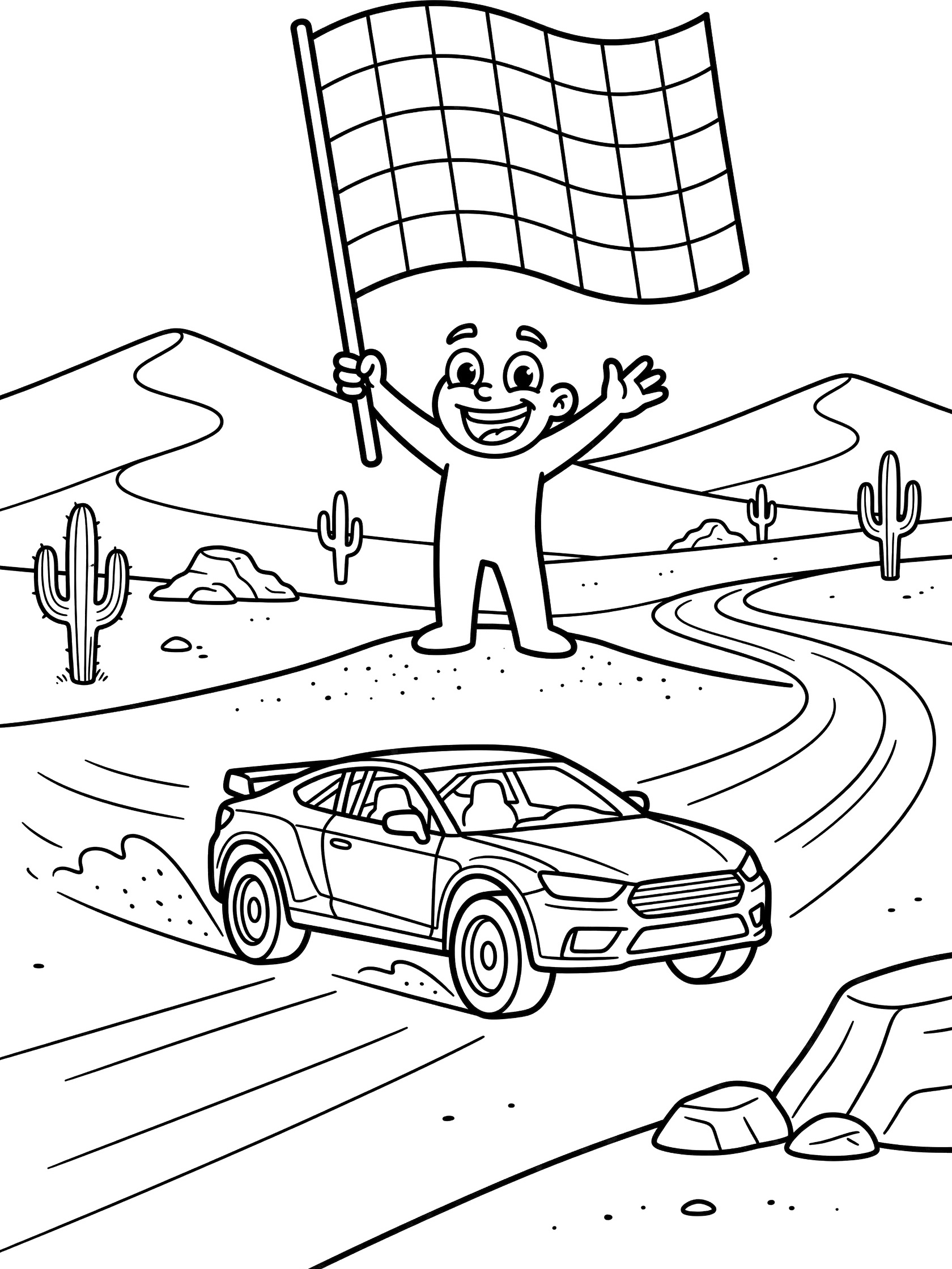 Black and white coloring page of a happy cartoon official waving an oversized checkered flag above a rally car crossing the finish line in a desert with dunes, cacti, and rocky outcrops.