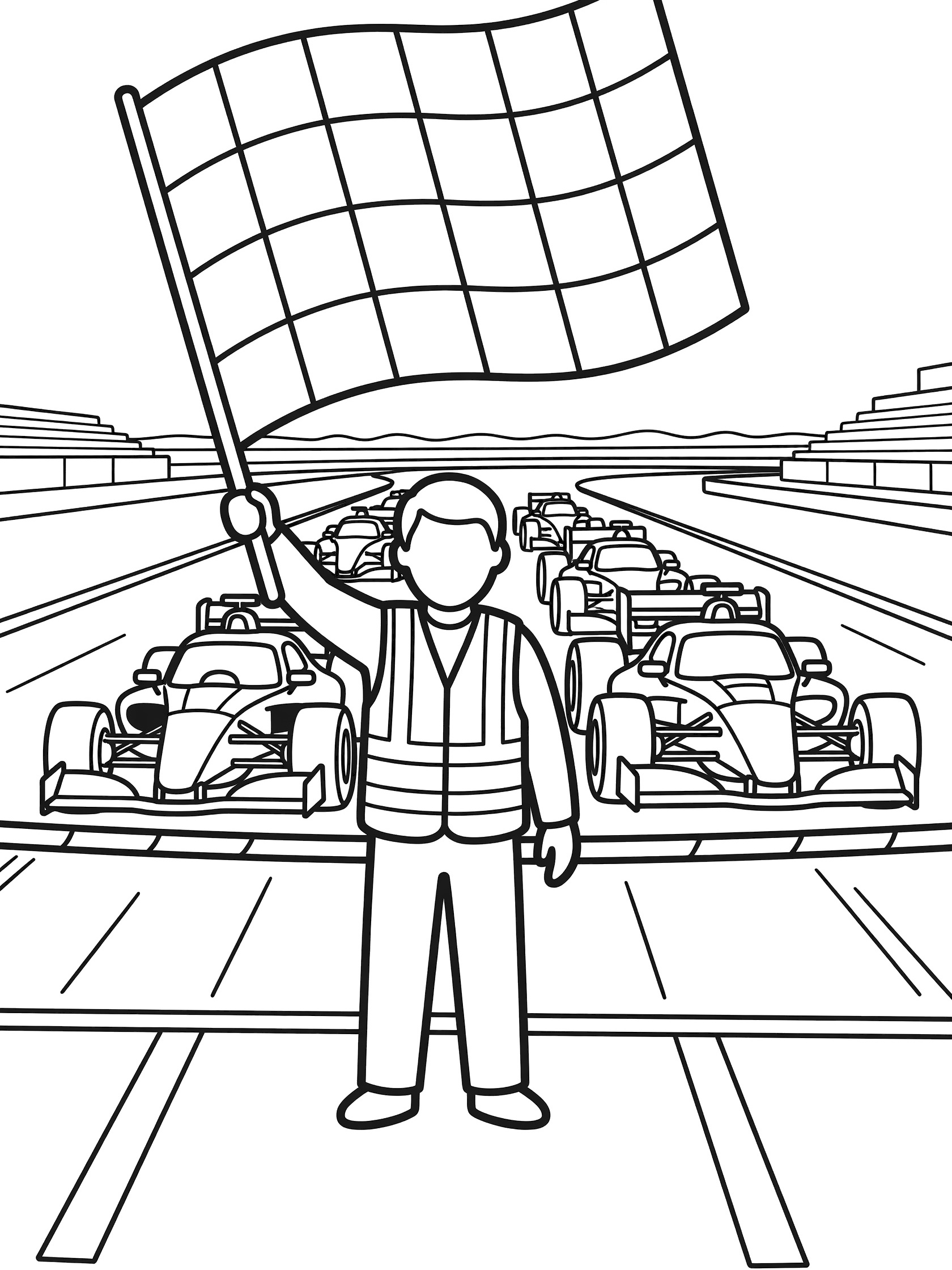 Black-and-white coloring page showing a race official waving a large checkered flag at the finish line with Indy cars lined up on the racetrack.