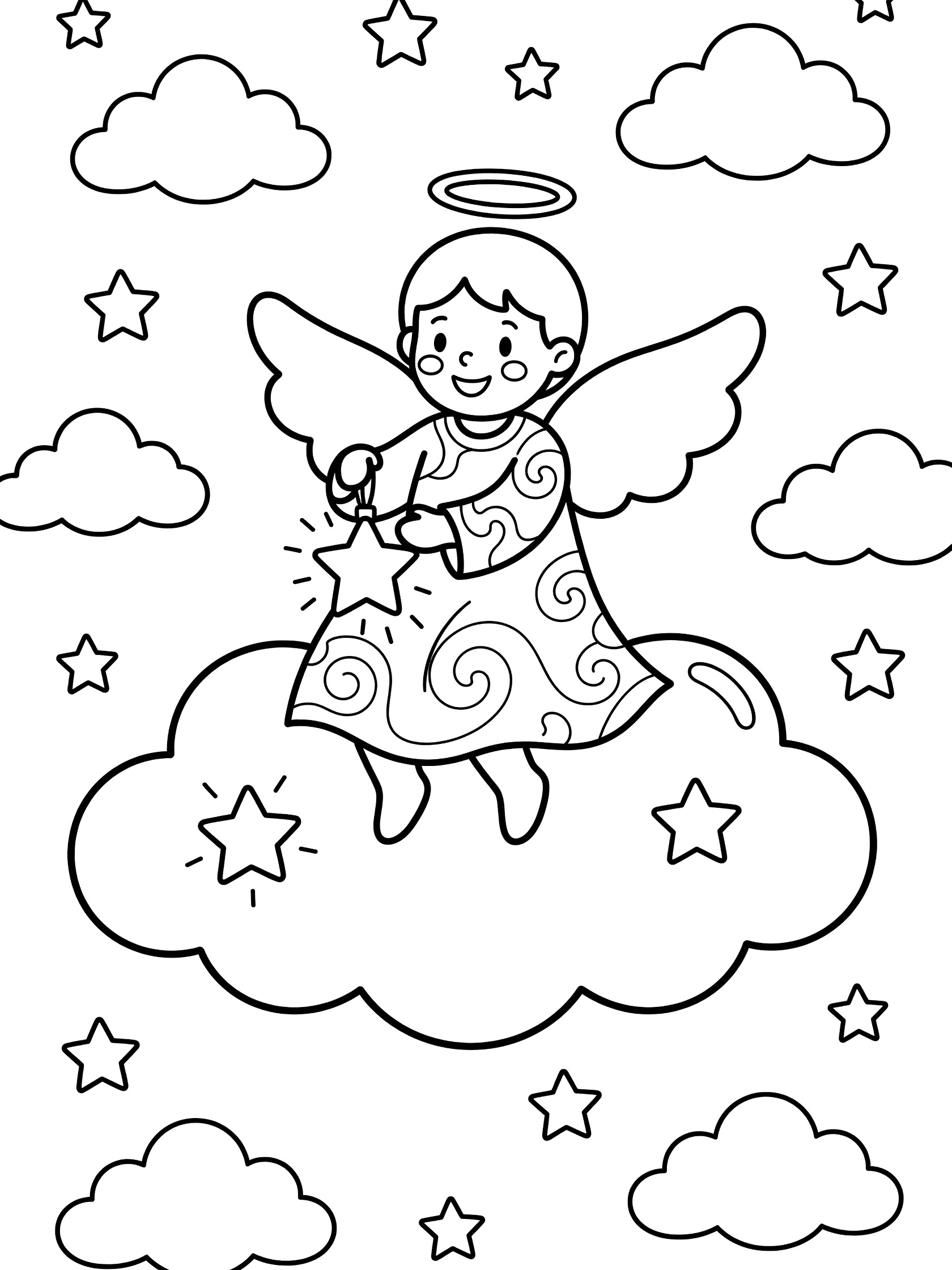Black and white coloring page of a happy angel sitting on a big cloud, with wings, halo, flowing dress, and a star ornament surrounded by stars and cloud puffs.