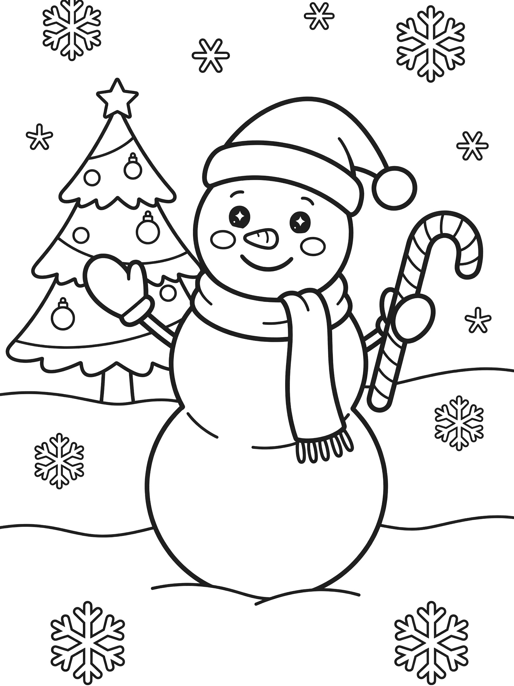 Black and white line art coloring page of a happy cartoon snowman wearing a Santa hat, red scarf, and green mittens, holding a candy cane, with Christmas tree and snowflakes.