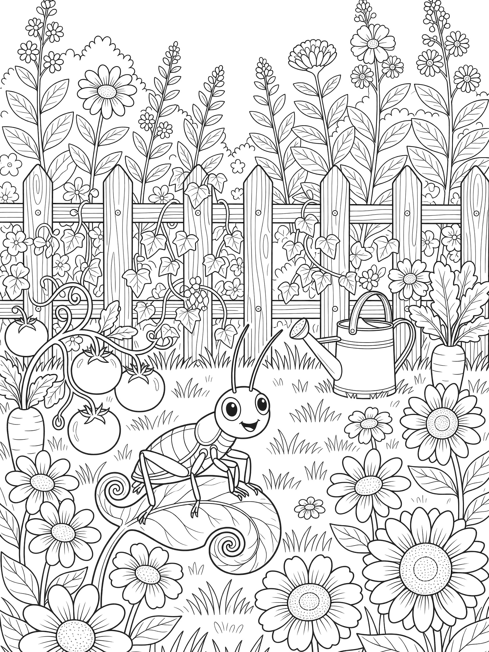 Detailed line art coloring page showing a cute cartoon cricket with big eyes on a curly leaf, surrounded by daisies, sunflowers, tomatoes, carrots, grass, wooden fence with ivy, watering can, and garden plants.
