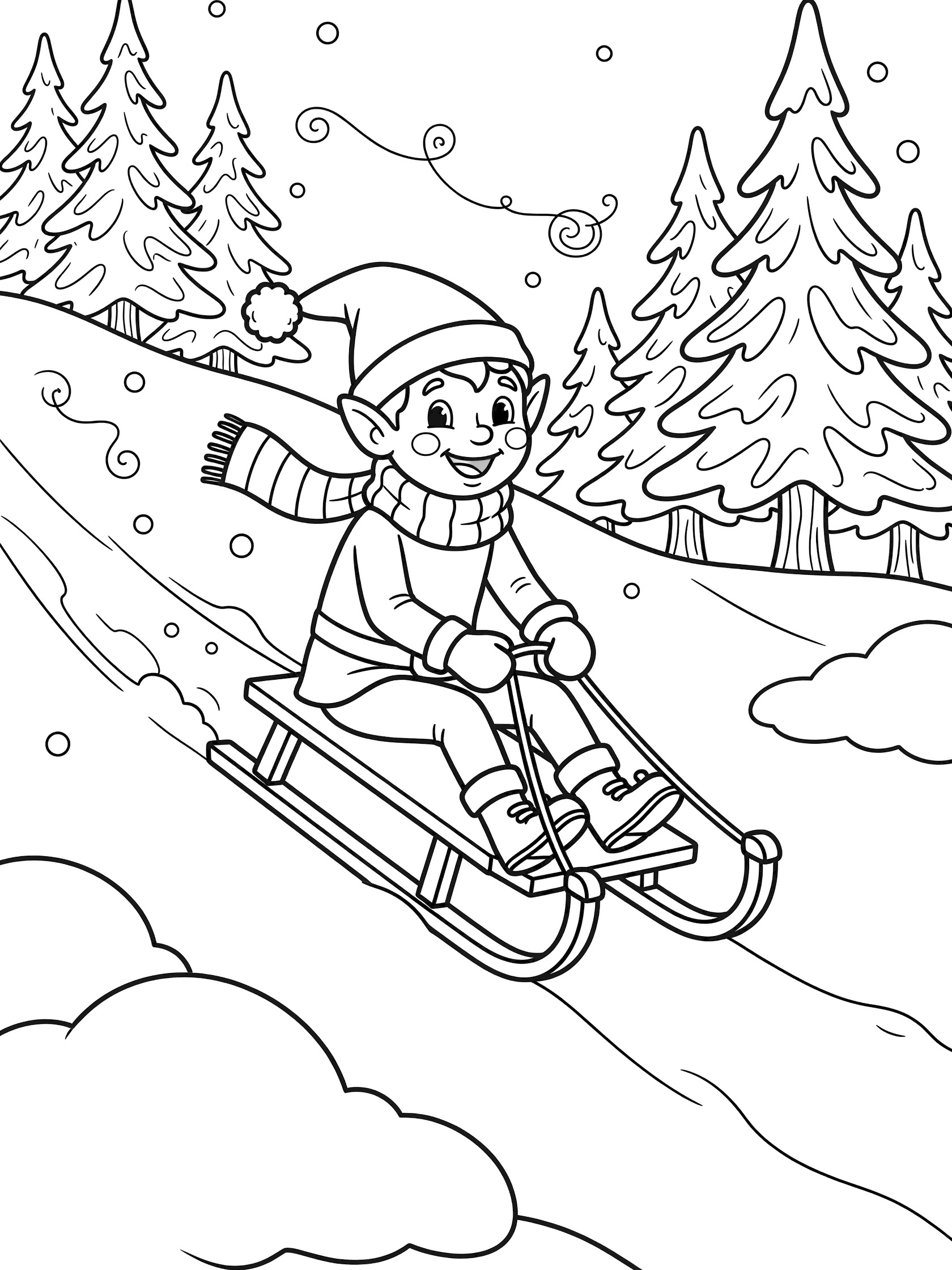 Line art coloring page of a grinning Christmas elf in pointy hat and scarf sledding on wooden sled amid swirling snowflakes and curvy pine trees.