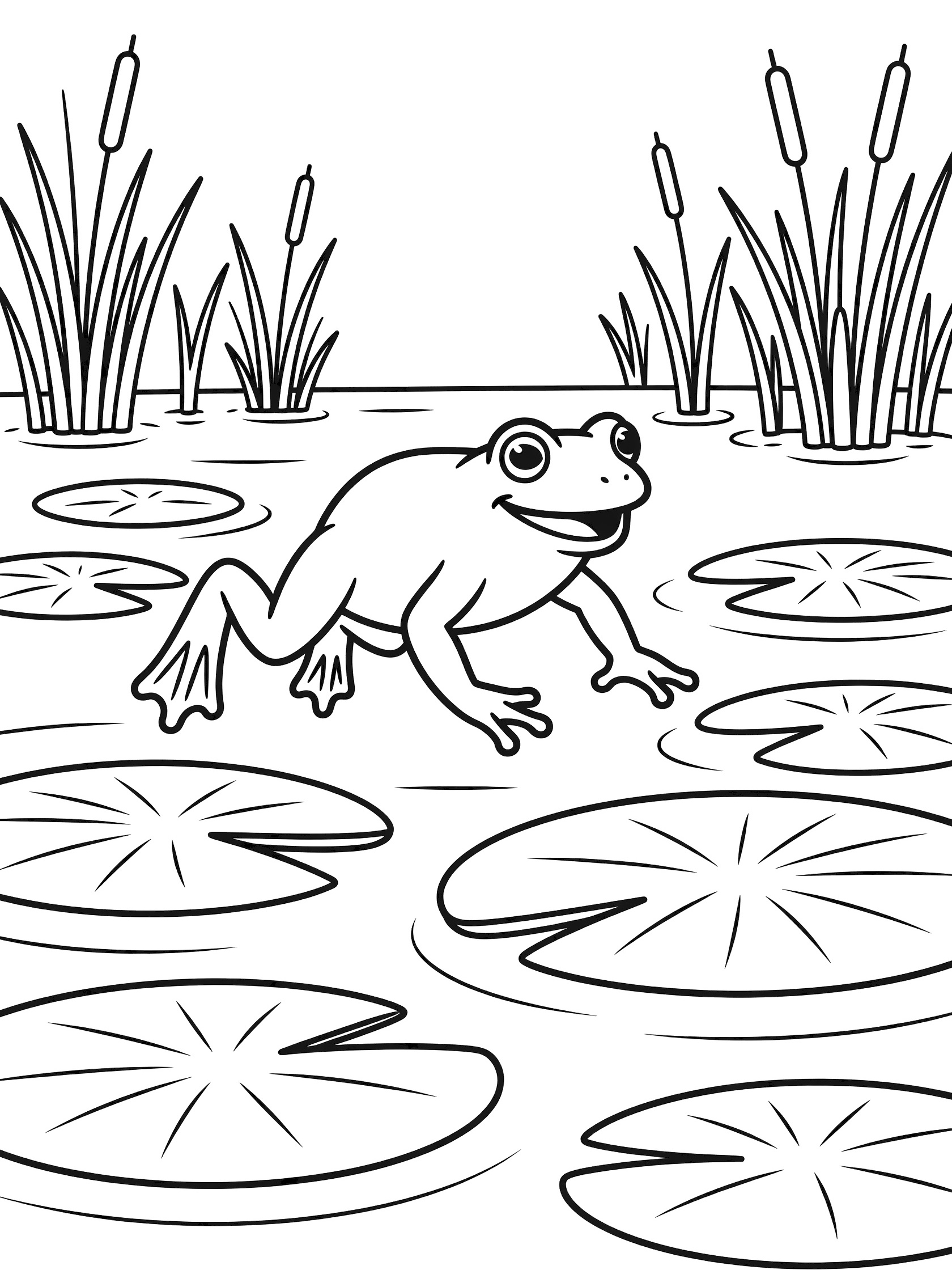 Black and white line art coloring page showing a toad jumping on lily pads in a calm pond with reeds in the background