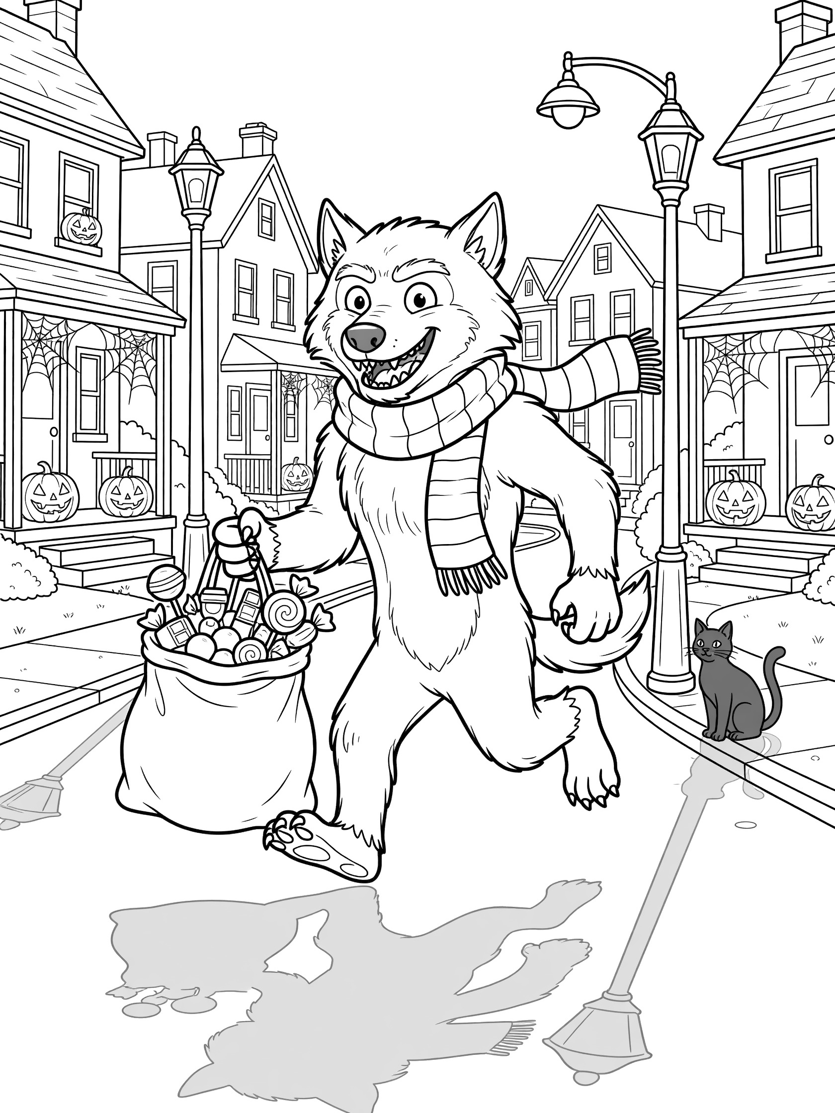 Werewolf in striped scarf holding overflowing trick-or-treat bag, walking past decorated houses with cobwebs, glowing pumpkins, street lamps, shadows, and black cat on porch.