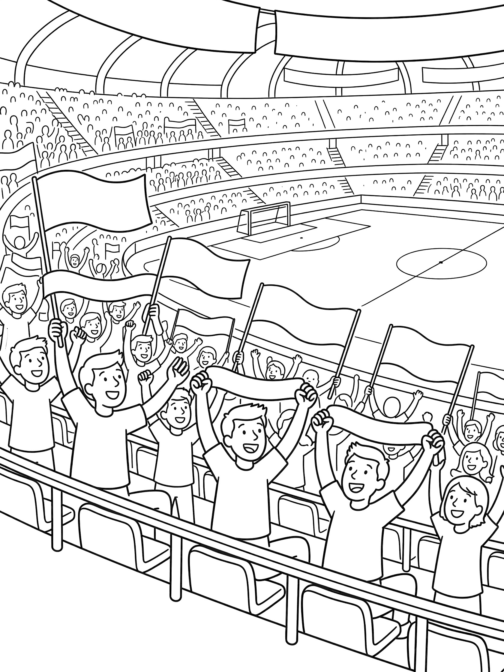 Soccer stadium coloring page showing crowds of cheering fans in tiered stands waving flags, with railings, banners, and the soccer field and goal in the distance