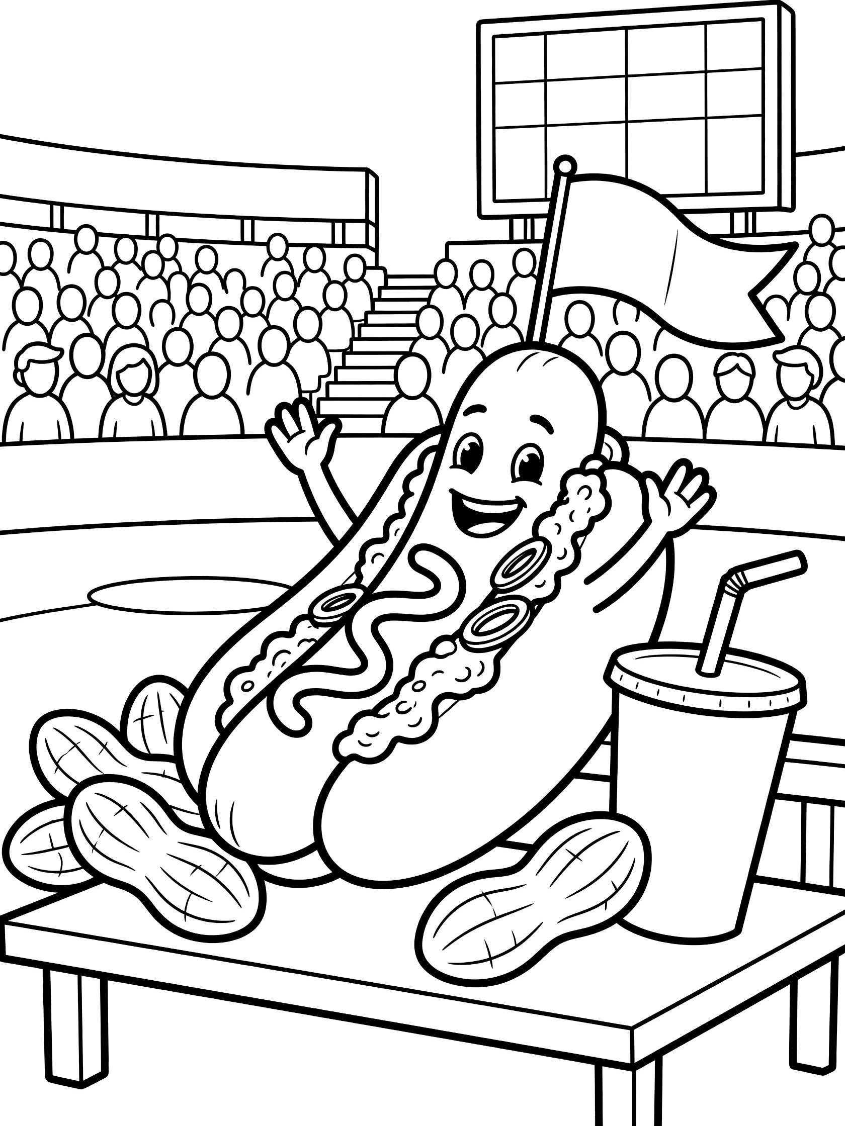 Cartoon hot dog on a bun with relish and onions waving arms in baseball stadium bleachers, surrounded by peanuts, soda cup, and pennant with cheering crowd and scoreboard.