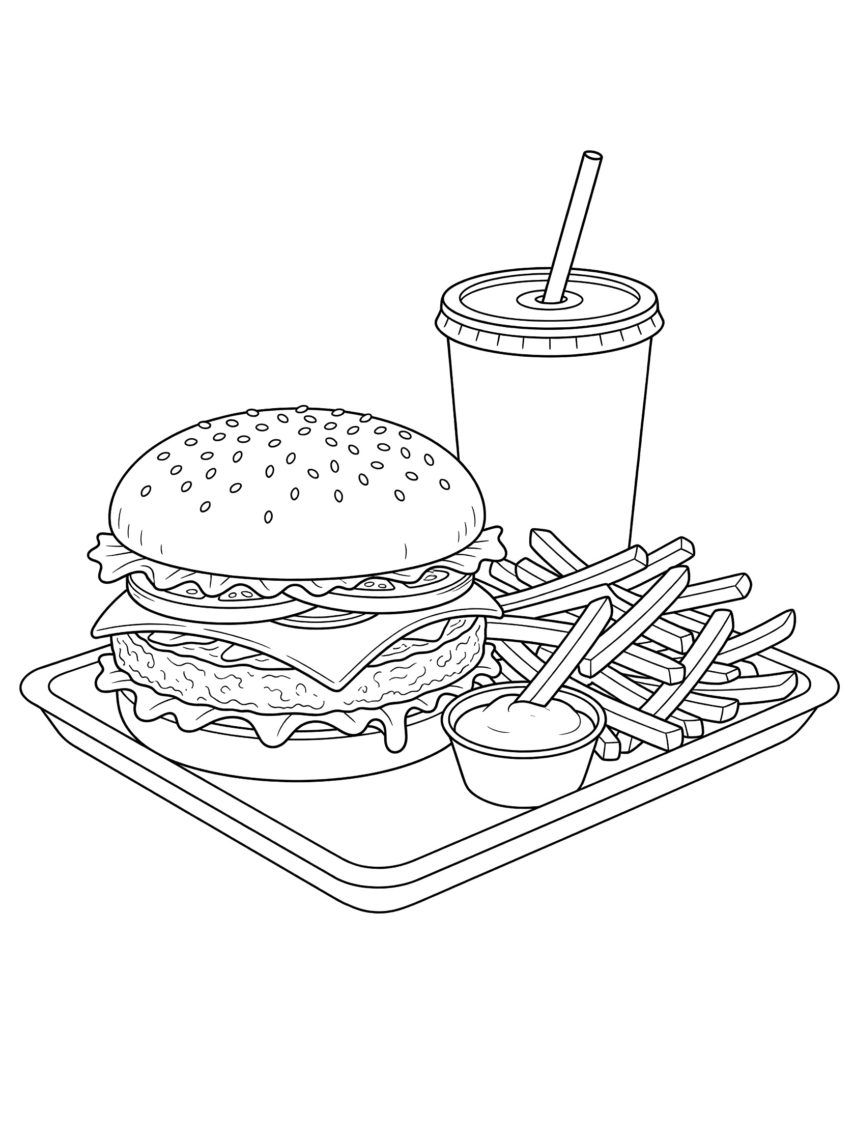 Black and white coloring page of a cheeseburger, pile of french fries dipping into ketchup cup, and soda drink on a tray
