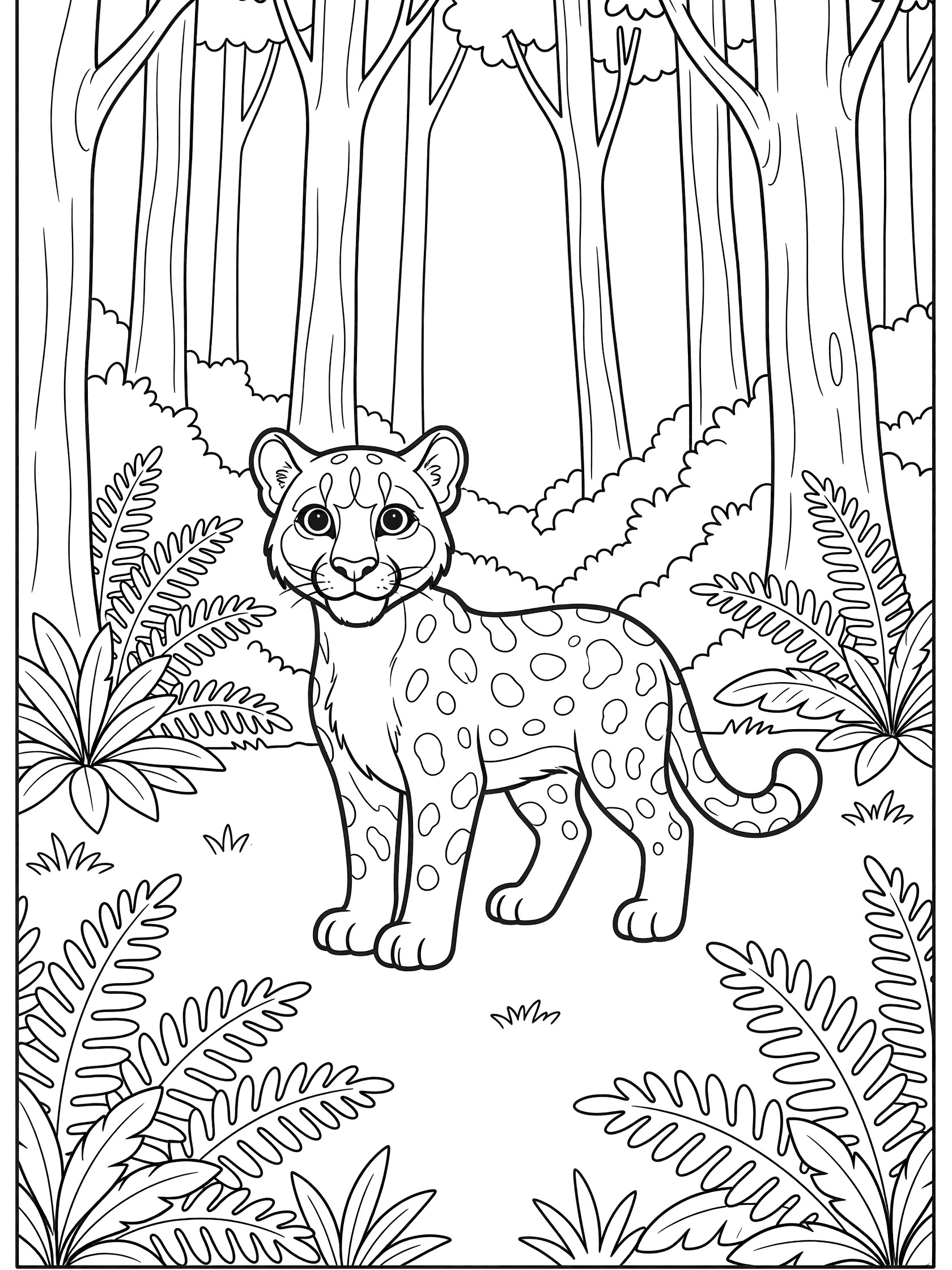 Black and white line art coloring page showing a spotted cheetah cub with perked ears in a forest clearing surrounded by trees and ferns. Puma themed black and white printable line art