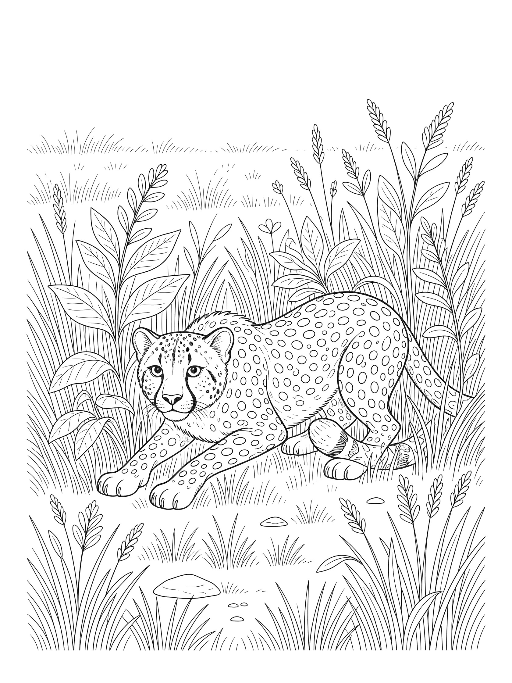 Black and white line art coloring page showing a cheetah low in tall grass, with detailed spots, blades, leaves, stems, and small rocks around it.