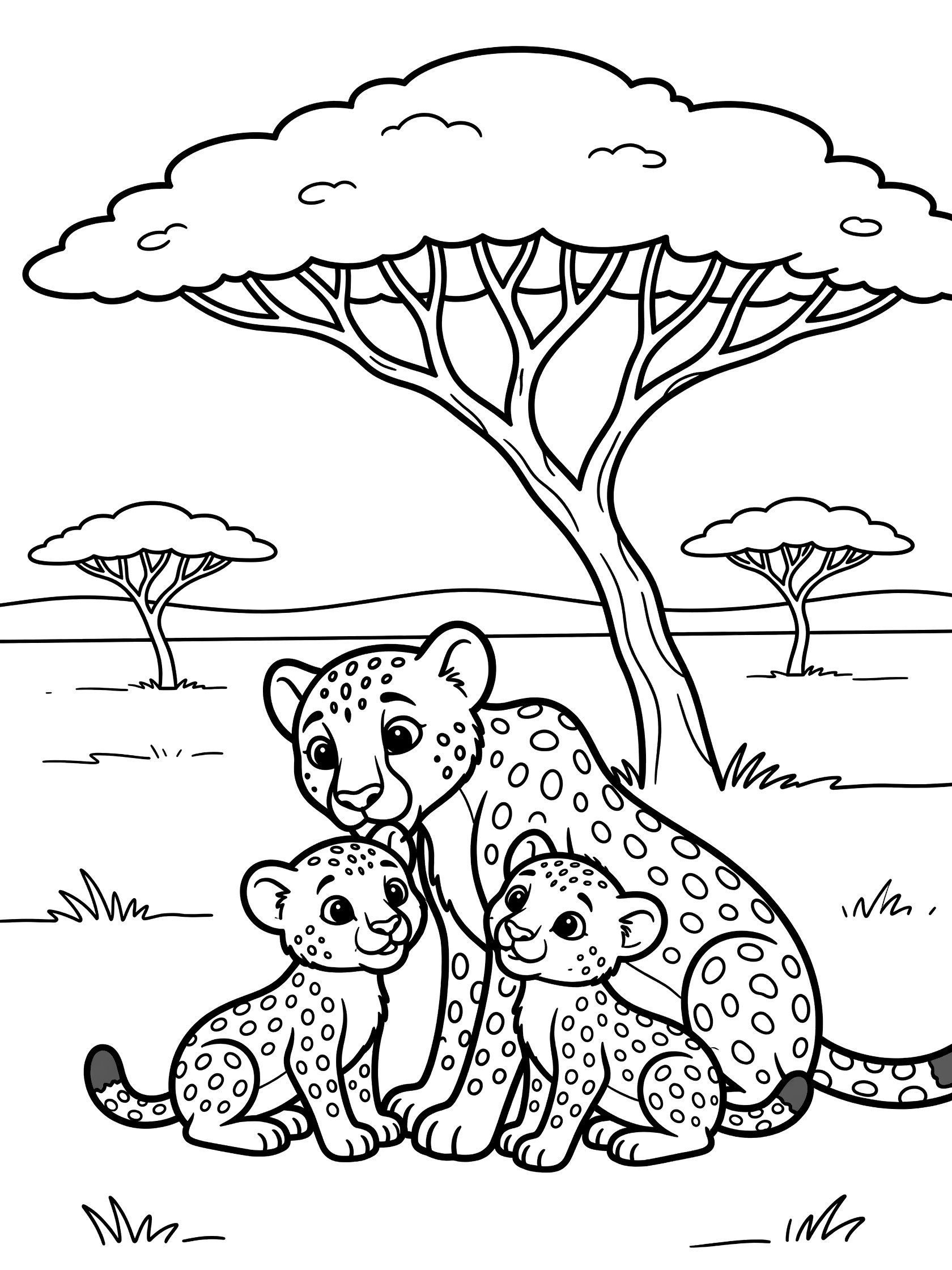 Black and white line art coloring page showing a mother cheetah with two cubs sitting under a large acacia tree with plains and grass in the background.
