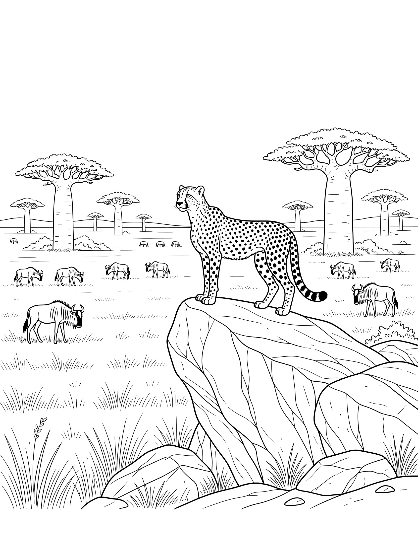 Black and white line art coloring page showing a cheetah alert on a rock overlooking savanna with wildebeest herd and baobab trees.