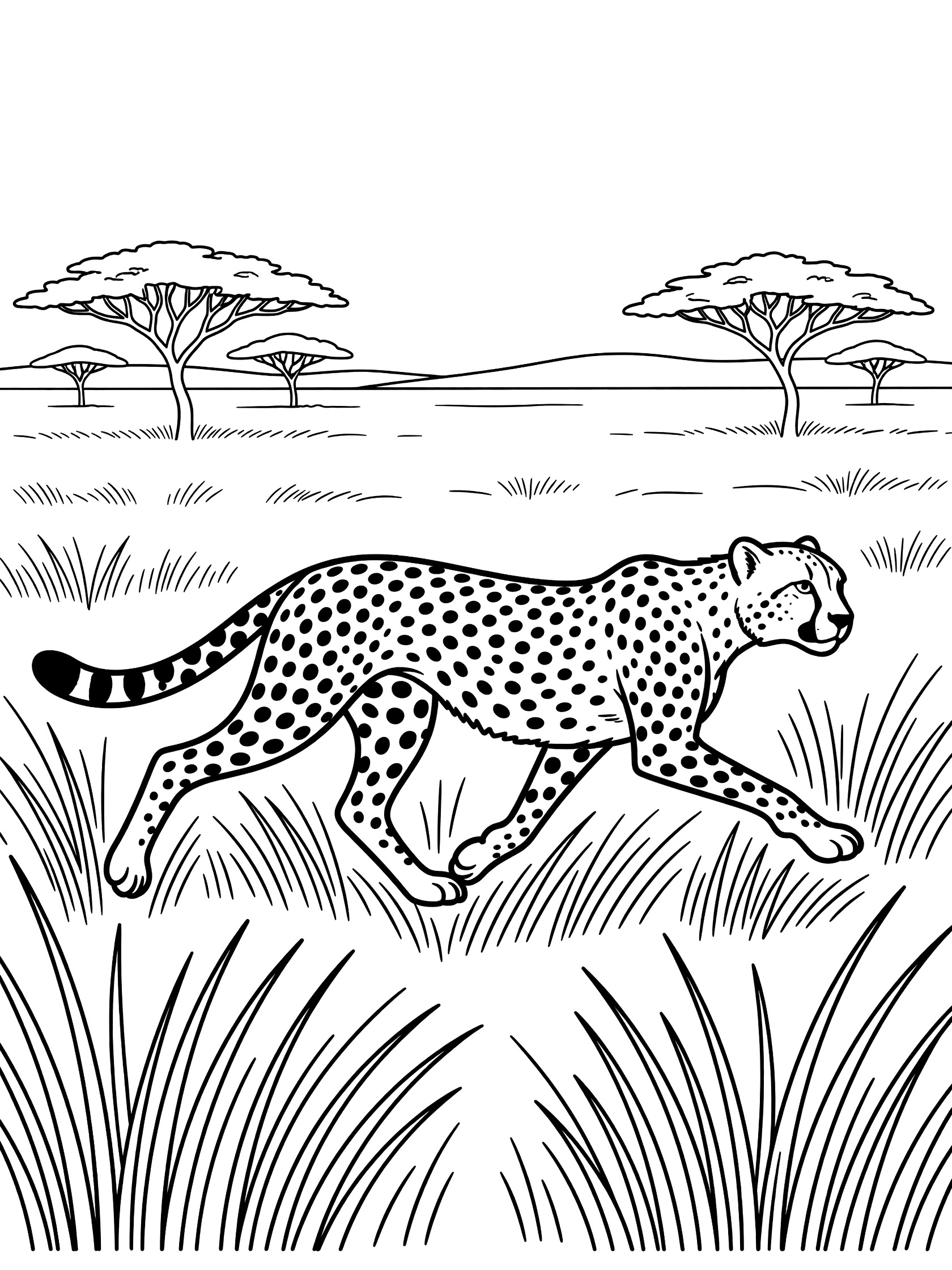Black and white line art coloring page showing a cheetah sprinting across grassy savanna with tall grass, acacia trees, and distant hills.