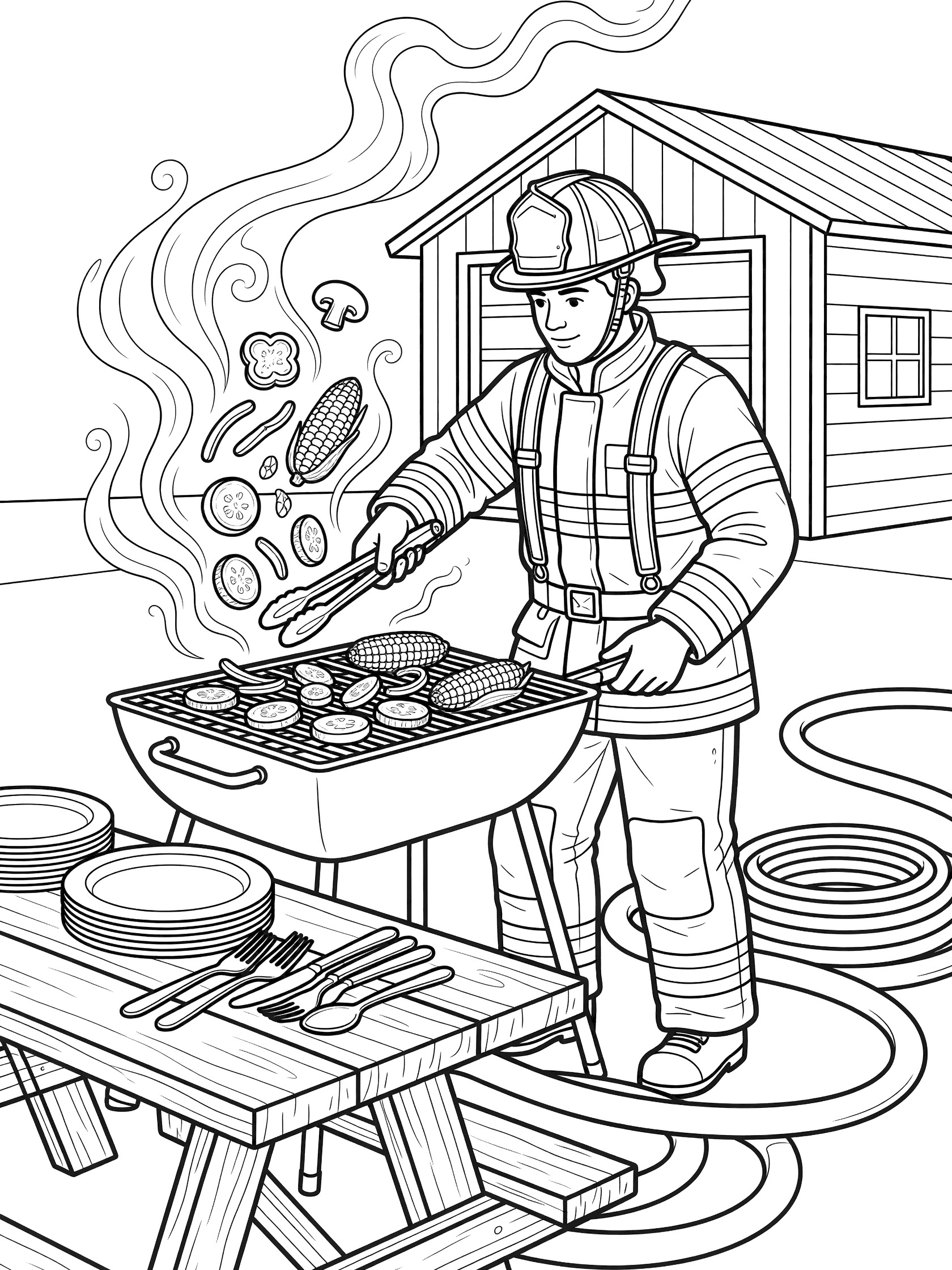 Line art coloring page showing a chef flipping grilled vegetables like peppers, mushrooms and corn on a barbecue grill at a firehouse cookout with picnic tables and coiled hoses nearby.