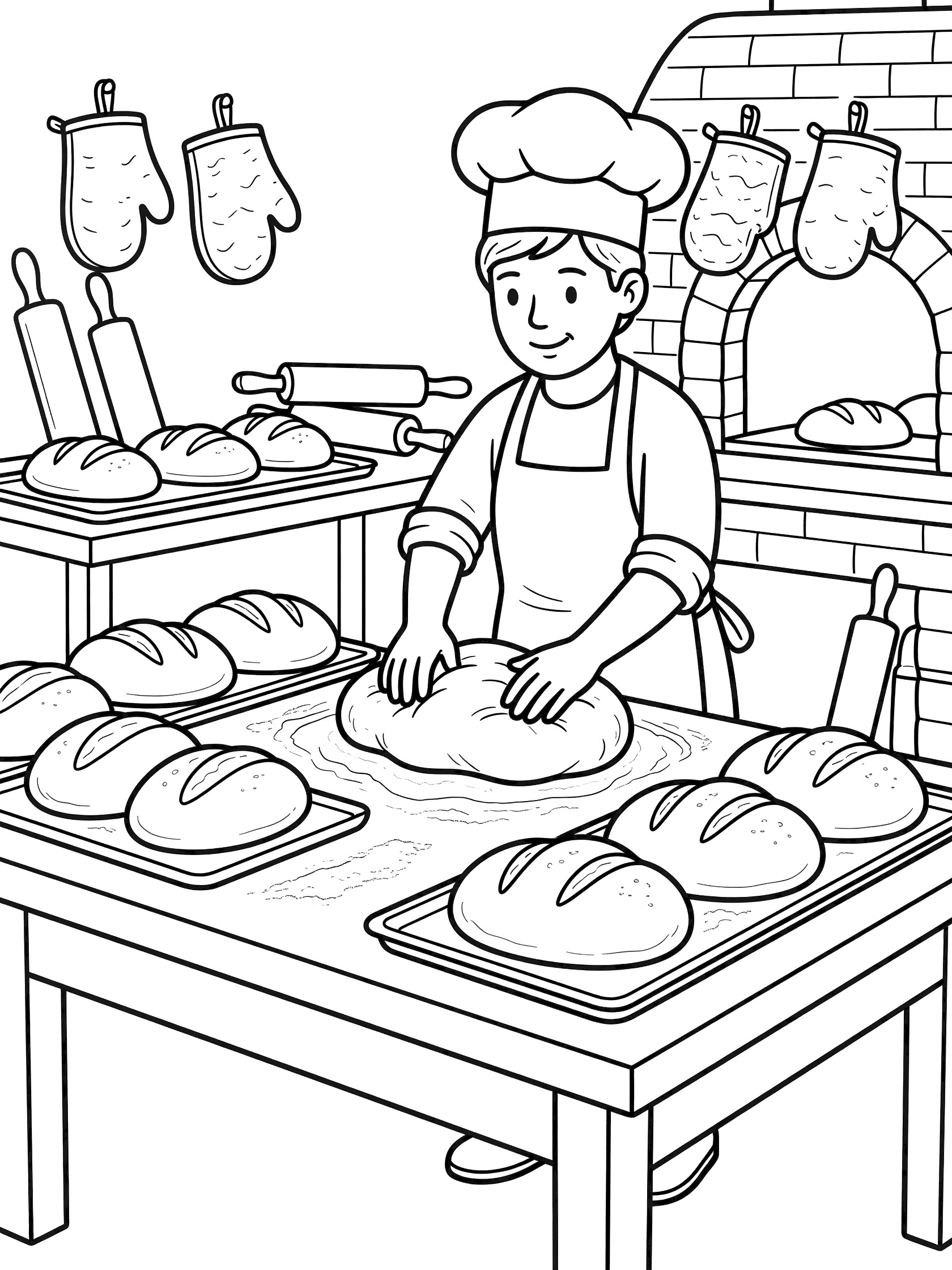 Black and white line art of a smiling chef in hat and apron kneading bread dough surrounded by loaves, trays, rolling pins, and oven mitts on a floured table near a brick oven.