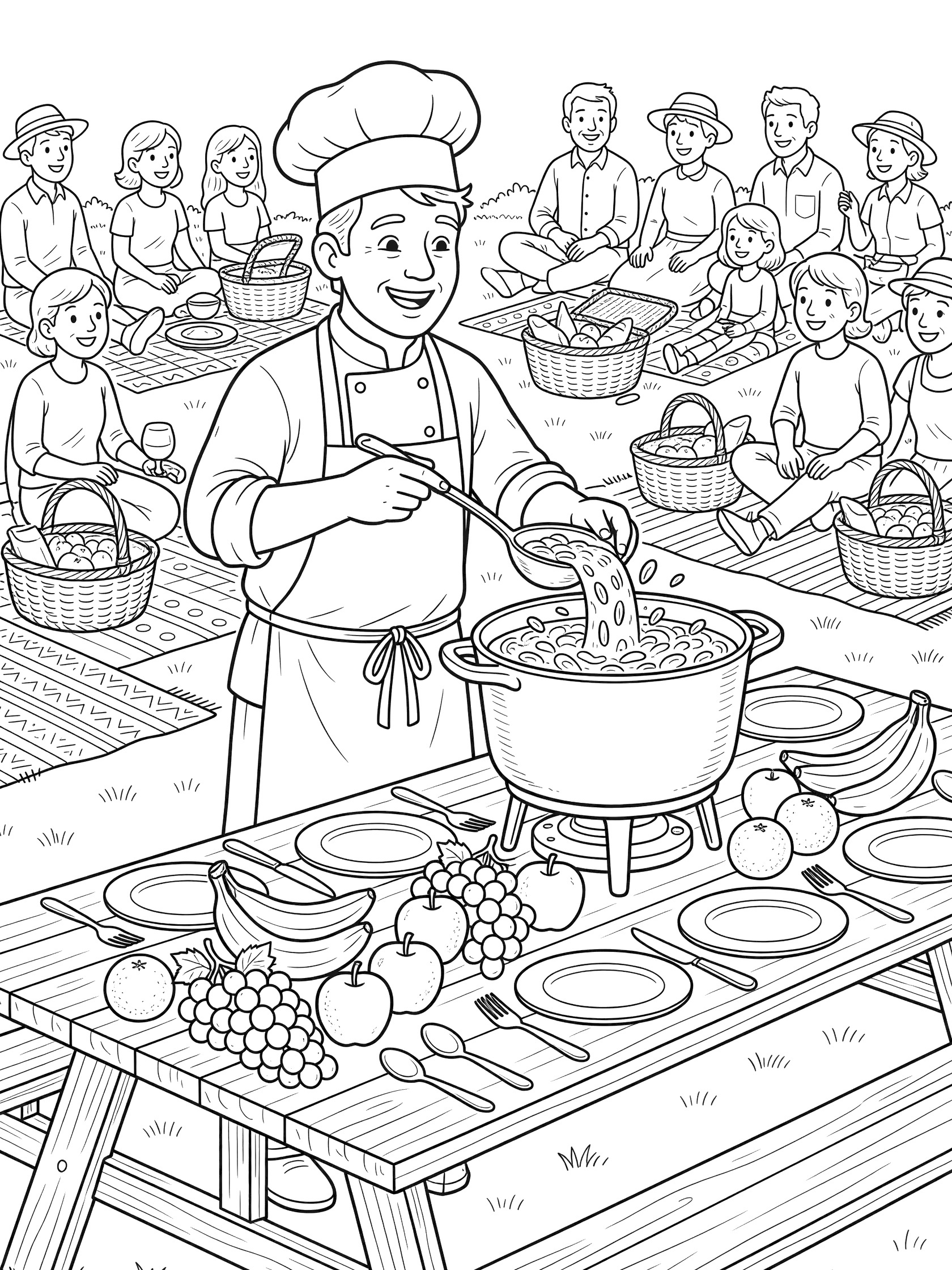 Black-and-white coloring page of a smiling chef in hat and apron ladling food from a large pot onto plates on a picnic table with fruits, utensils, baskets, blankets, and happy attendees.