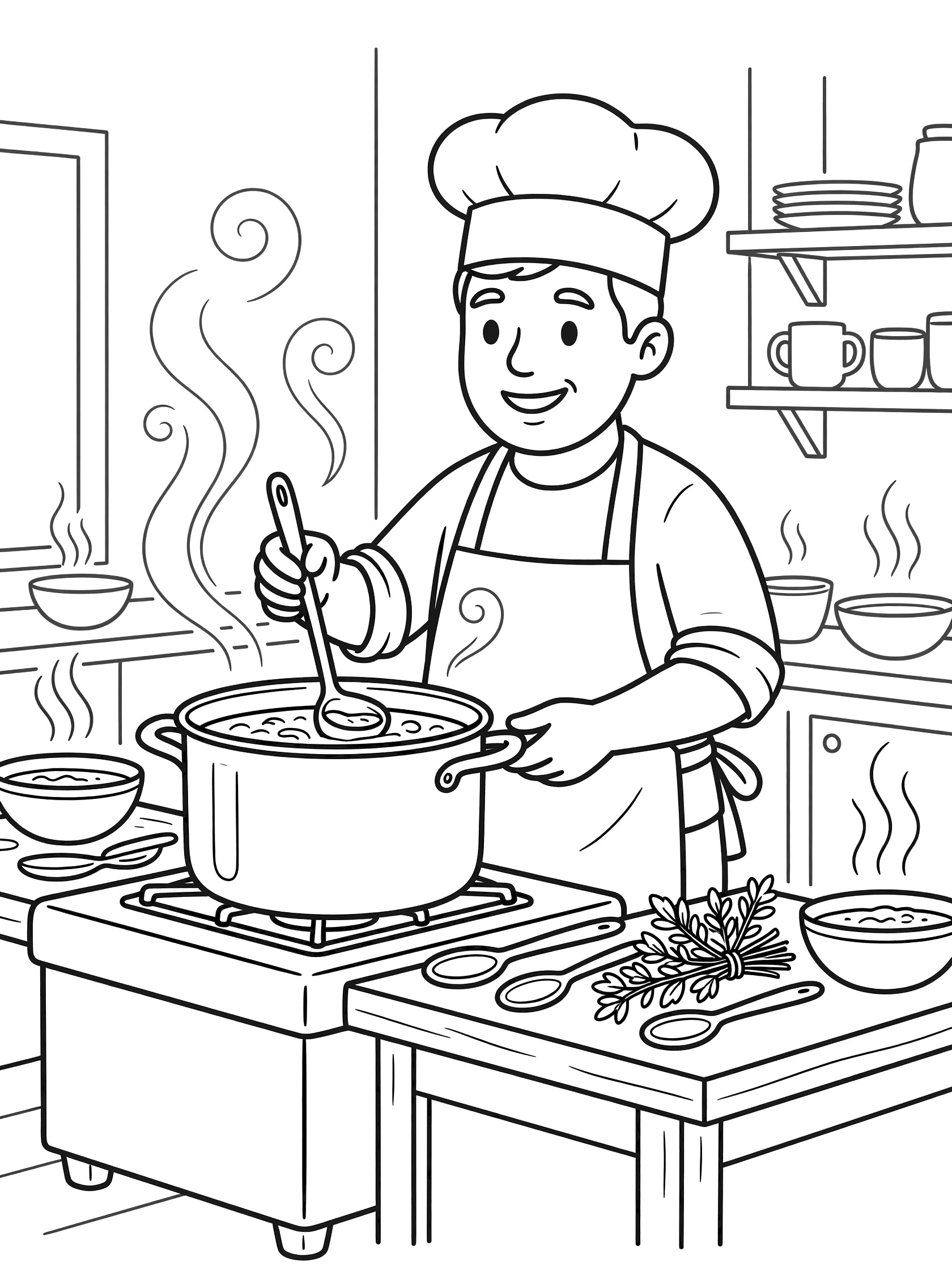 Black and white line art of a smiling chef in tall hat and apron stirring a large pot of soup on a stove in a cozy kitchen with spoons, herbs, bowls, and steam.