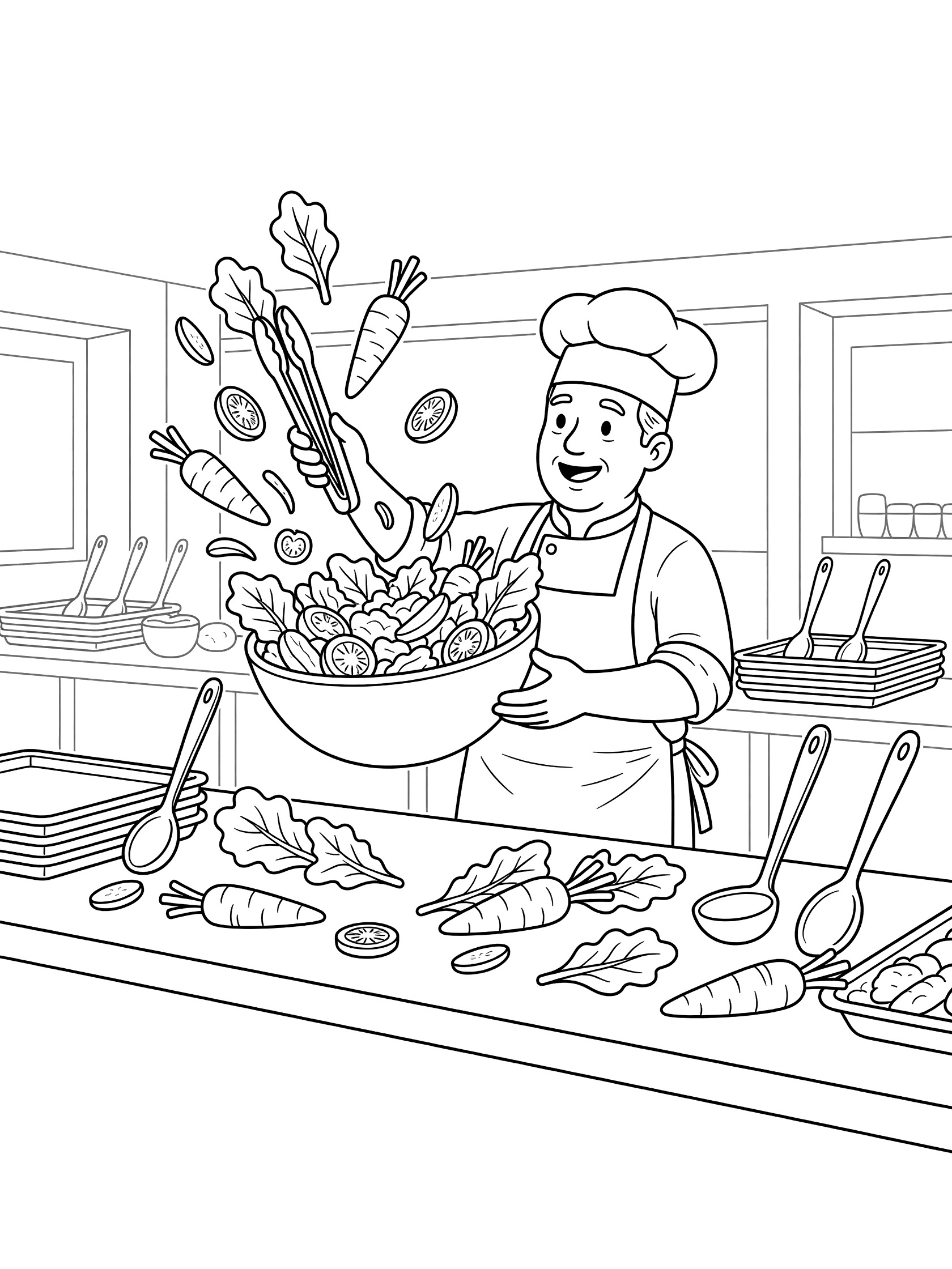 Black-and-white line art of a chef in a tall hat and apron tossing salad from a big bowl with flying lettuce and carrot pieces in a school cafeteria setting.