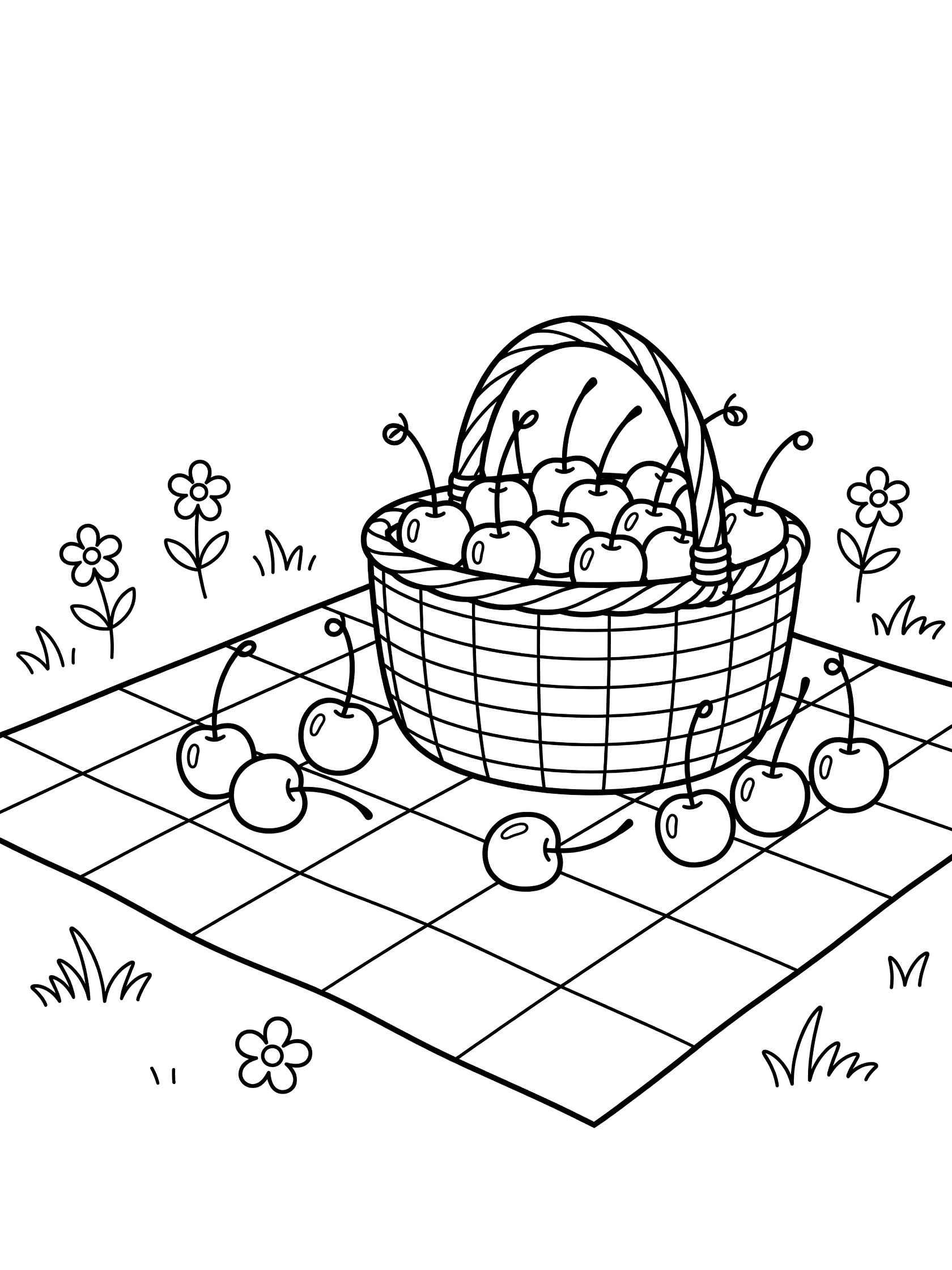 Black-and-white coloring page of a picnic basket brimming with plump cherries, some rolling on a checkered blanket surrounded by grass and wildflowers.
