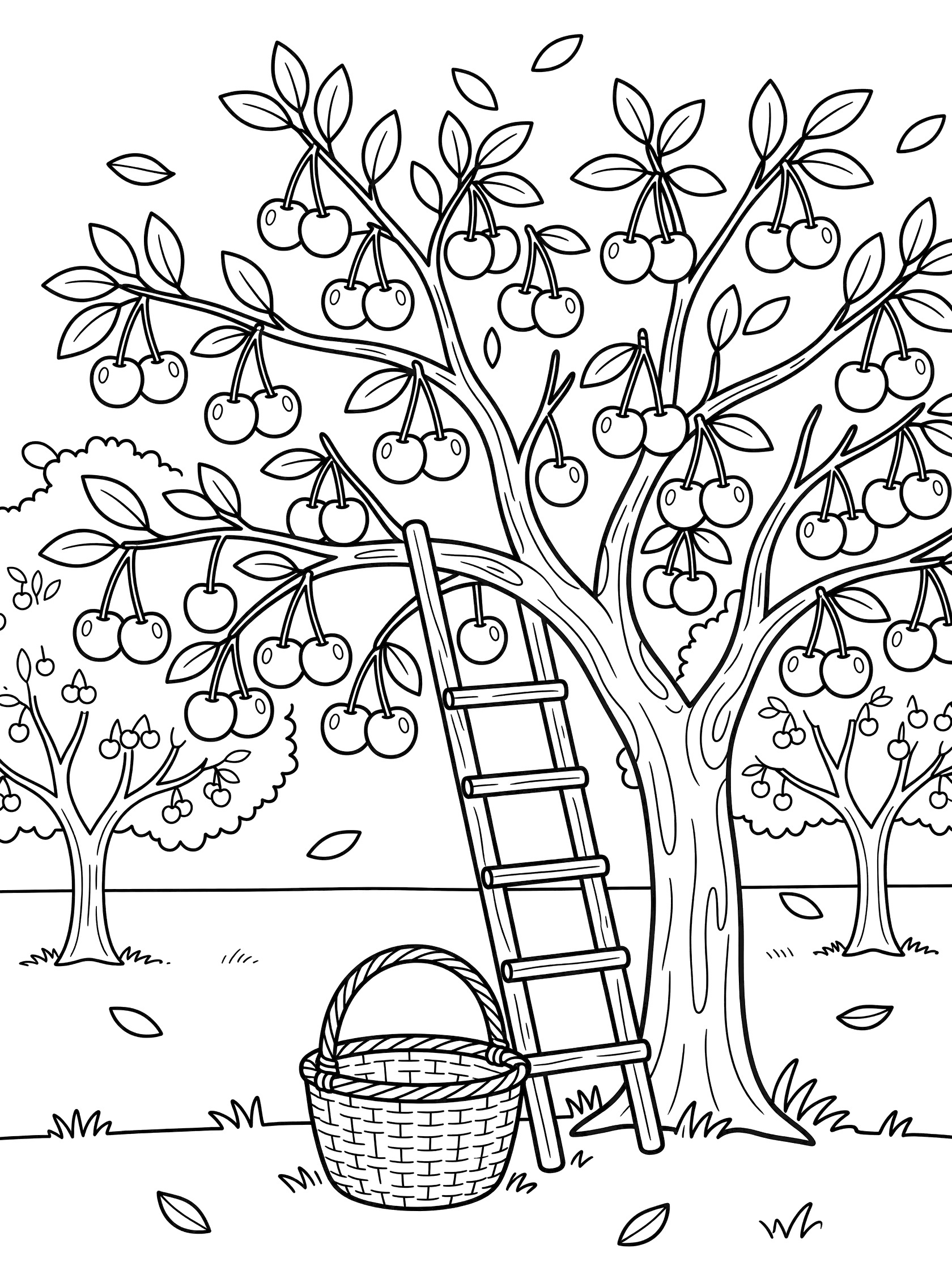 Cute cartoon line art coloring page showing a cherry tree with clusters of cherries, leaning ladder, empty basket, and falling leaves in an orchard