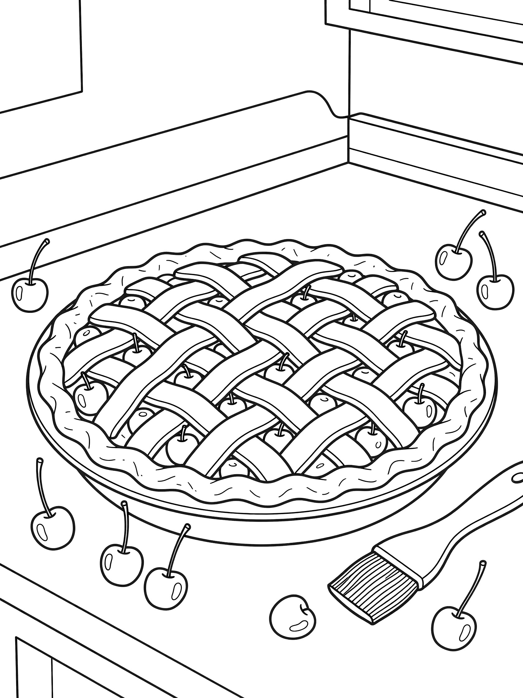 Black and white line art of a cherry pie with woven lattice crust in a pan on a counter, surrounded by cherries and a pastry brush
