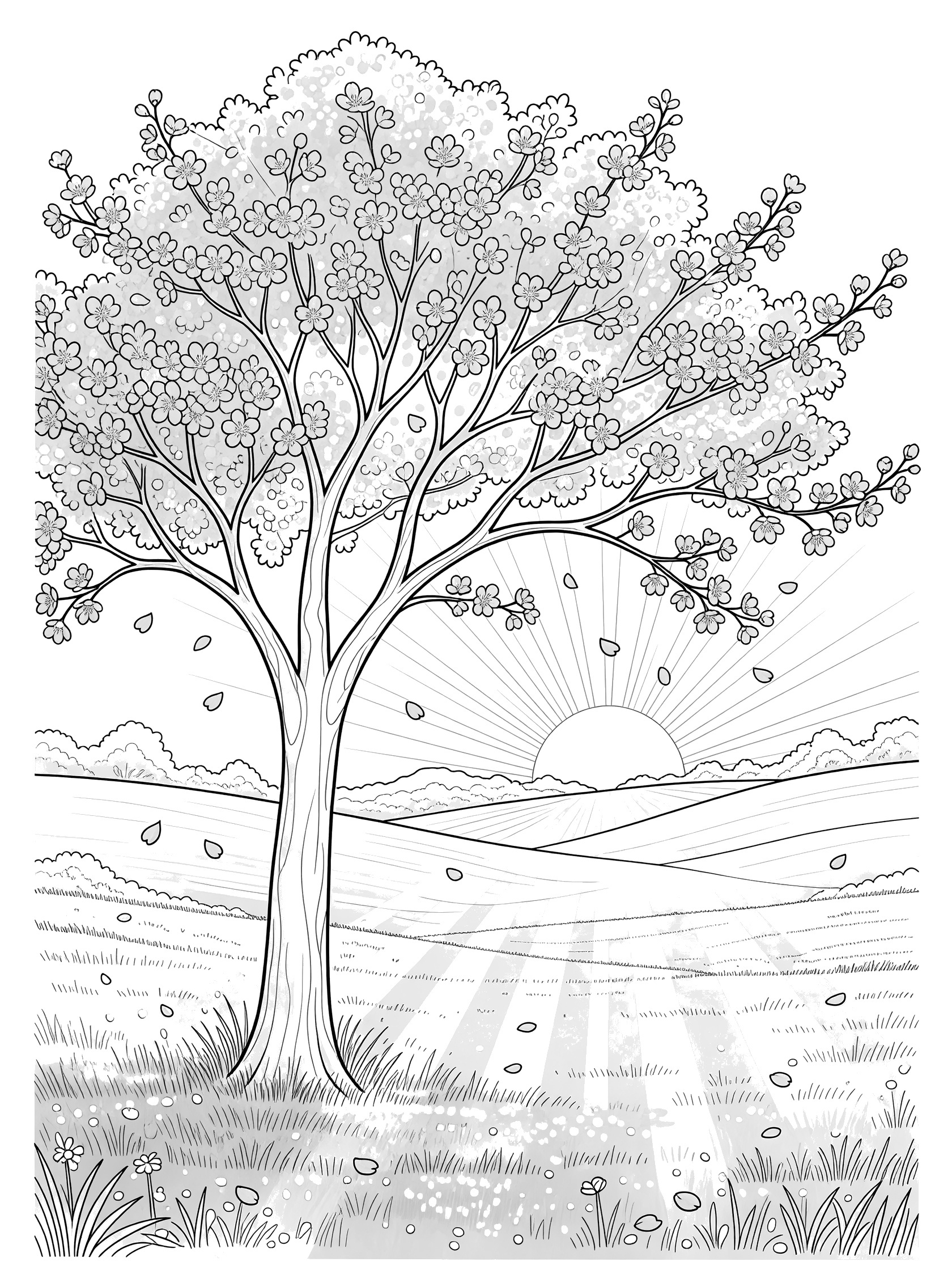Black and white line art of a cherry tree in full bloom at sunrise with sun rays, rolling hills, falling petals, and grass.