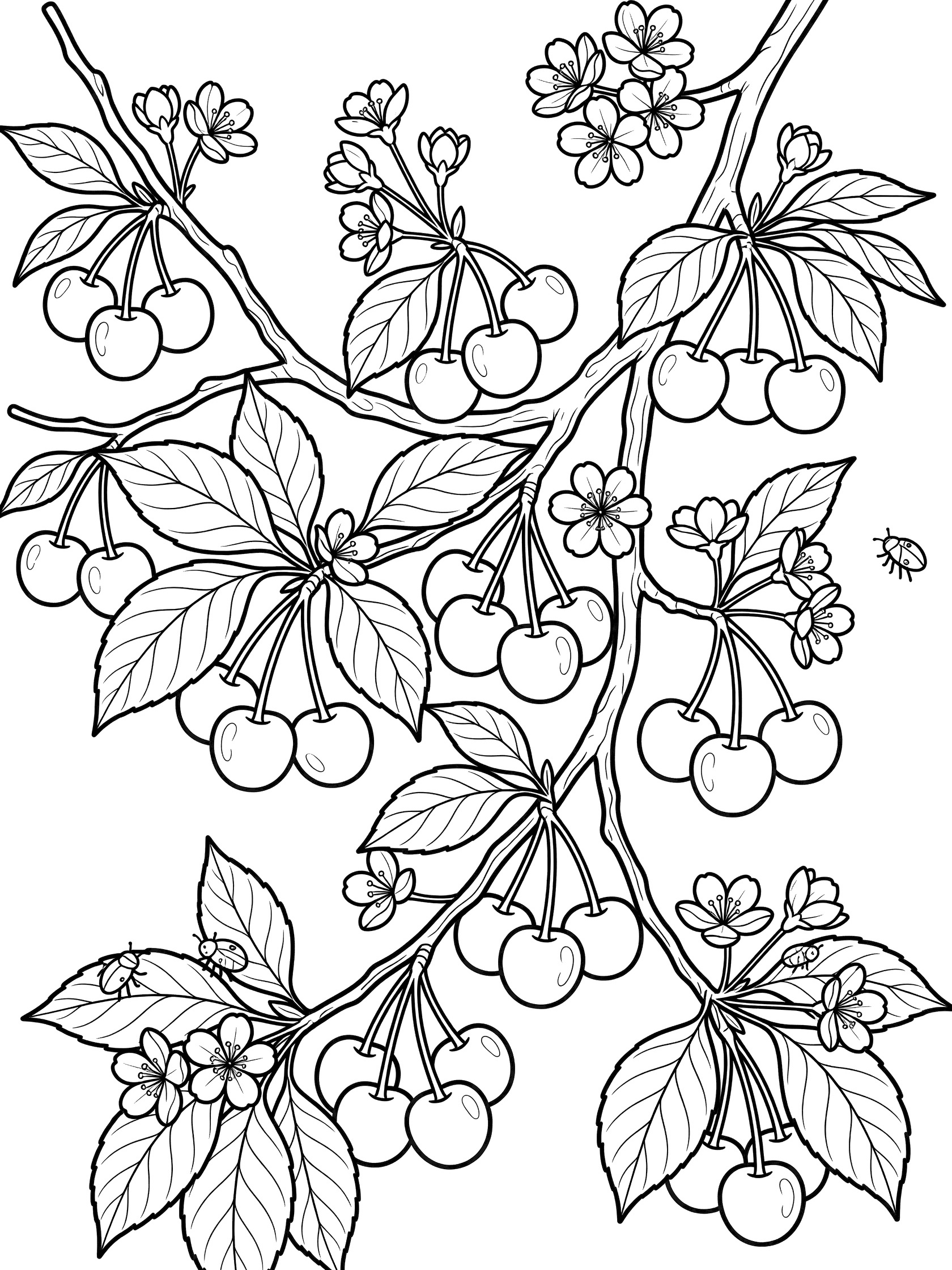 Black and white line art of a cherry tree branch with overlapping leaves, blooming flowers, clusters of cherries, twisting twigs, and one small insect on the leaves.