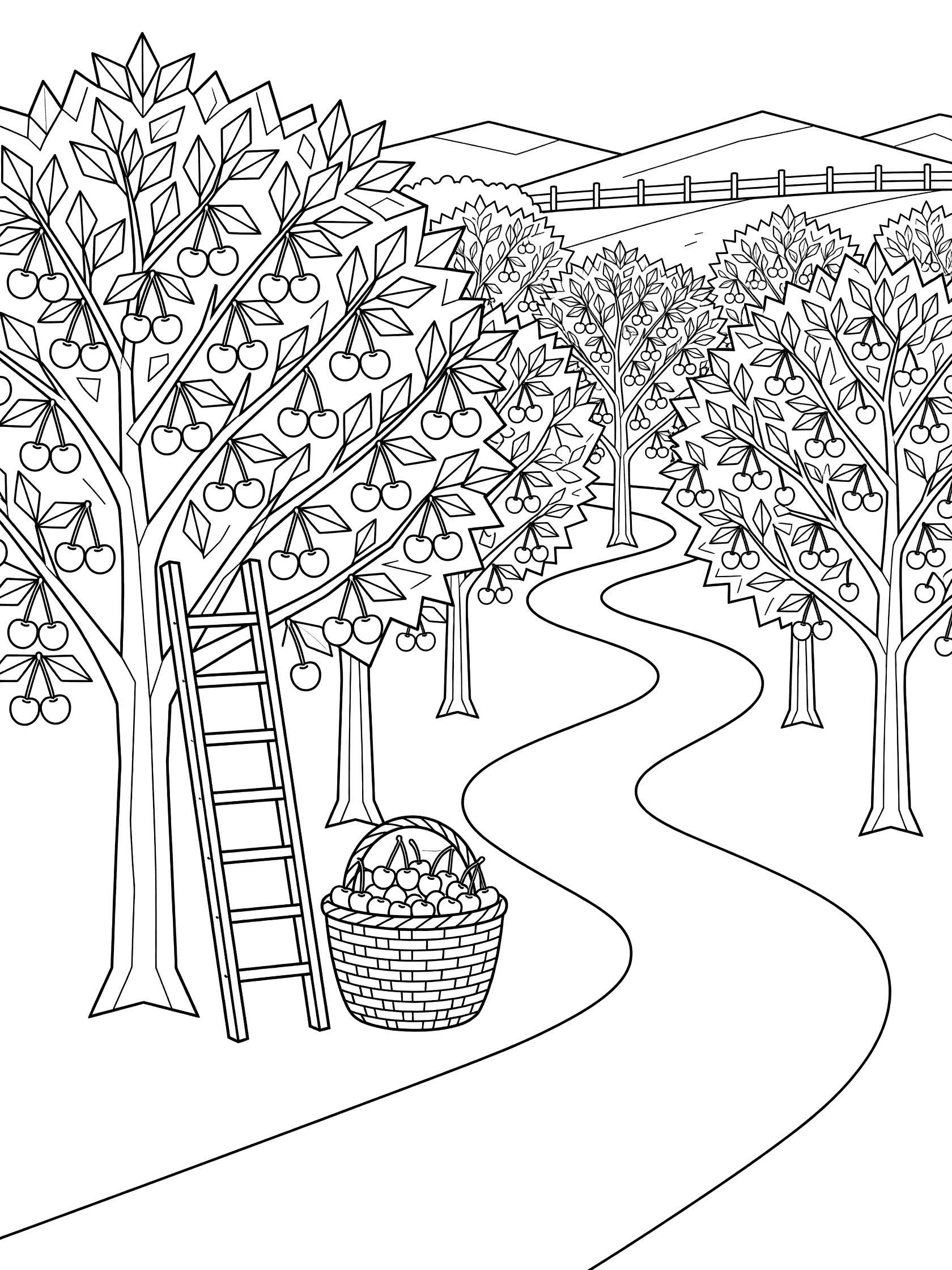 Detailed line art coloring page showing a cherry tree orchard scene with rows of geometric cherry trees, ladder against a tree, basket of cherries, path, fence, and hills.