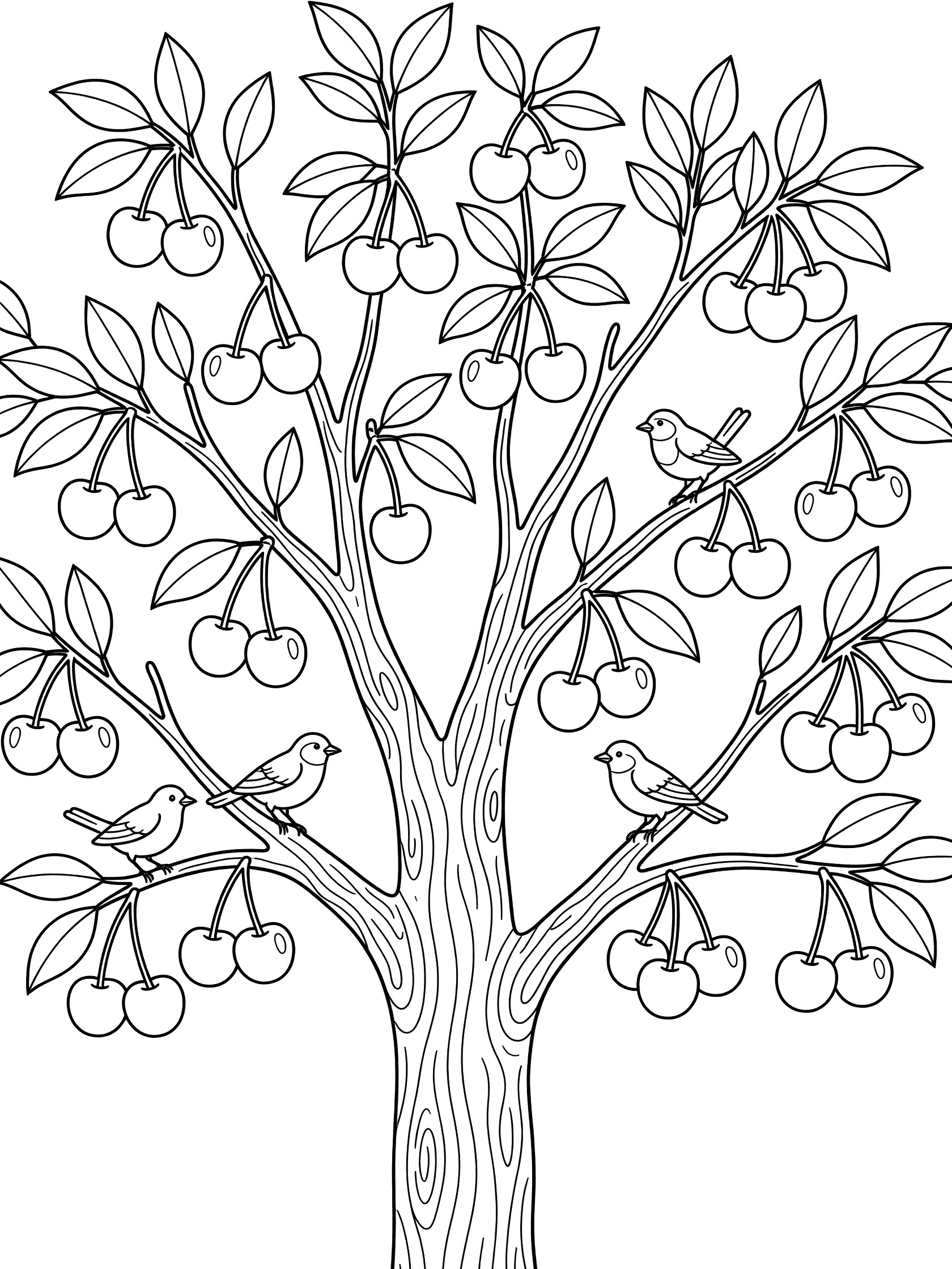 Black and white line drawing of a cherry tree with clusters of cherries, green leaves, textured trunk, and small birds on branches.