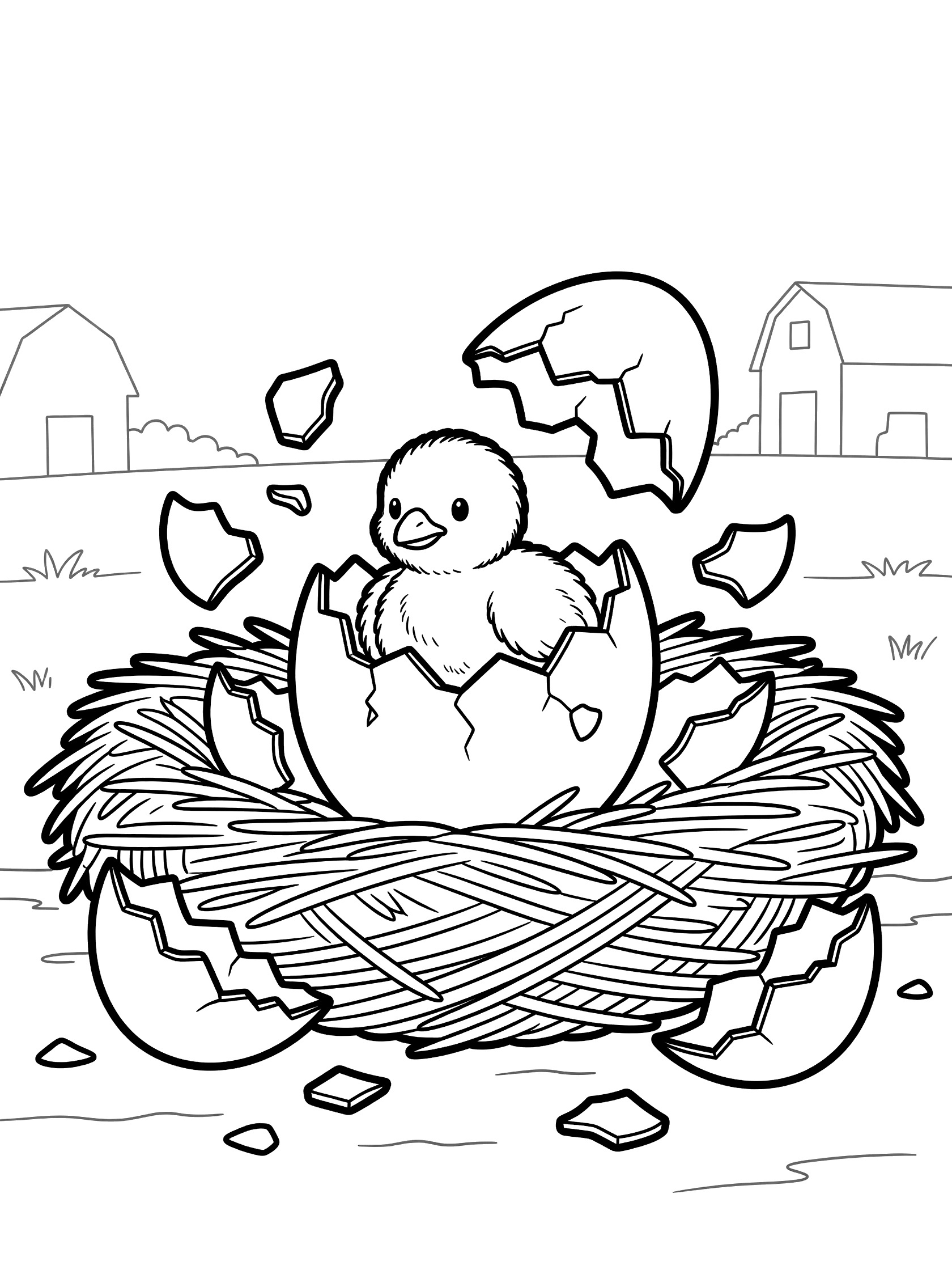 Black and white line art coloring page showing a chick hatching from an egg in a nest with scattered shell pieces, farm barn, and grass. Turkey themed black and white printable line art