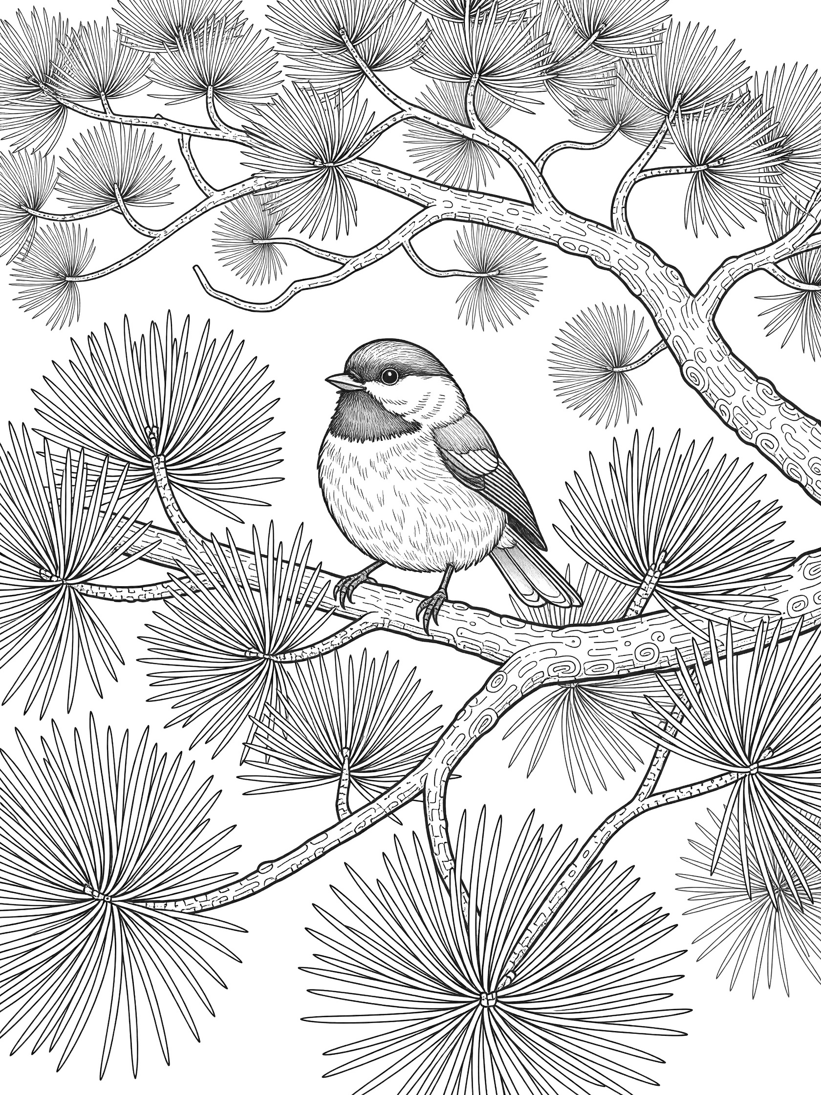 Detailed line art coloring page showing a chickadee bird on a branch with pine needles and forest background.