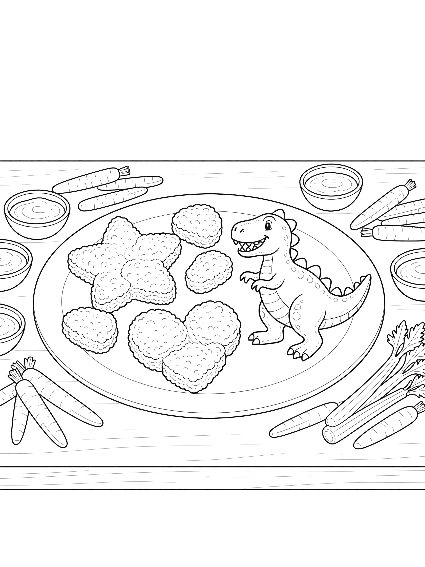 Printable coloring page showing chicken nuggets formed into star heart and dinosaur shapes on a round plate surrounded by small sauce bowls and veggie sticks like carrots and celery