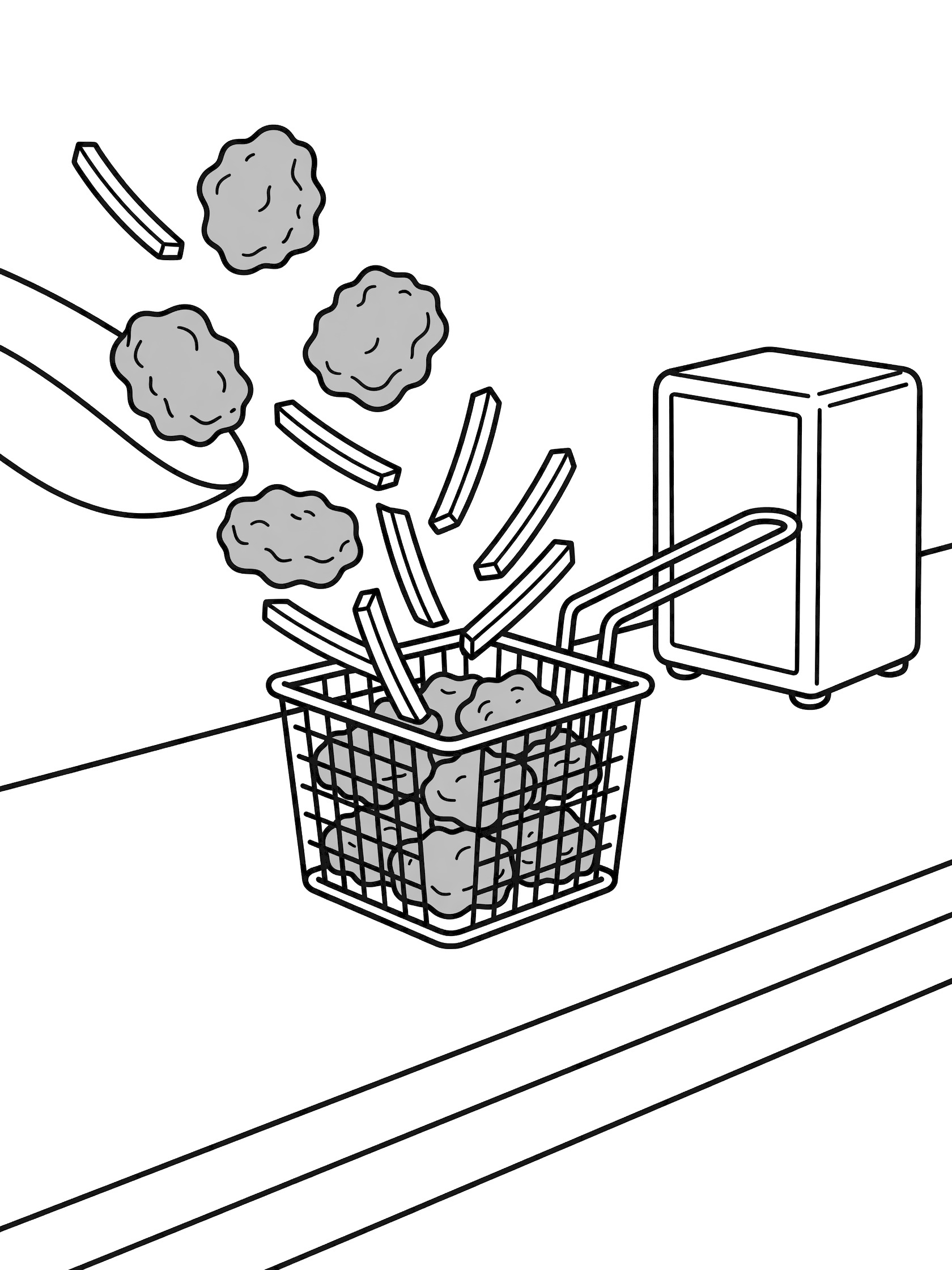 Line art coloring page showing chicken nuggets flying into a metal fry basket on a counter, with fries in the air and a napkin holder nearby.