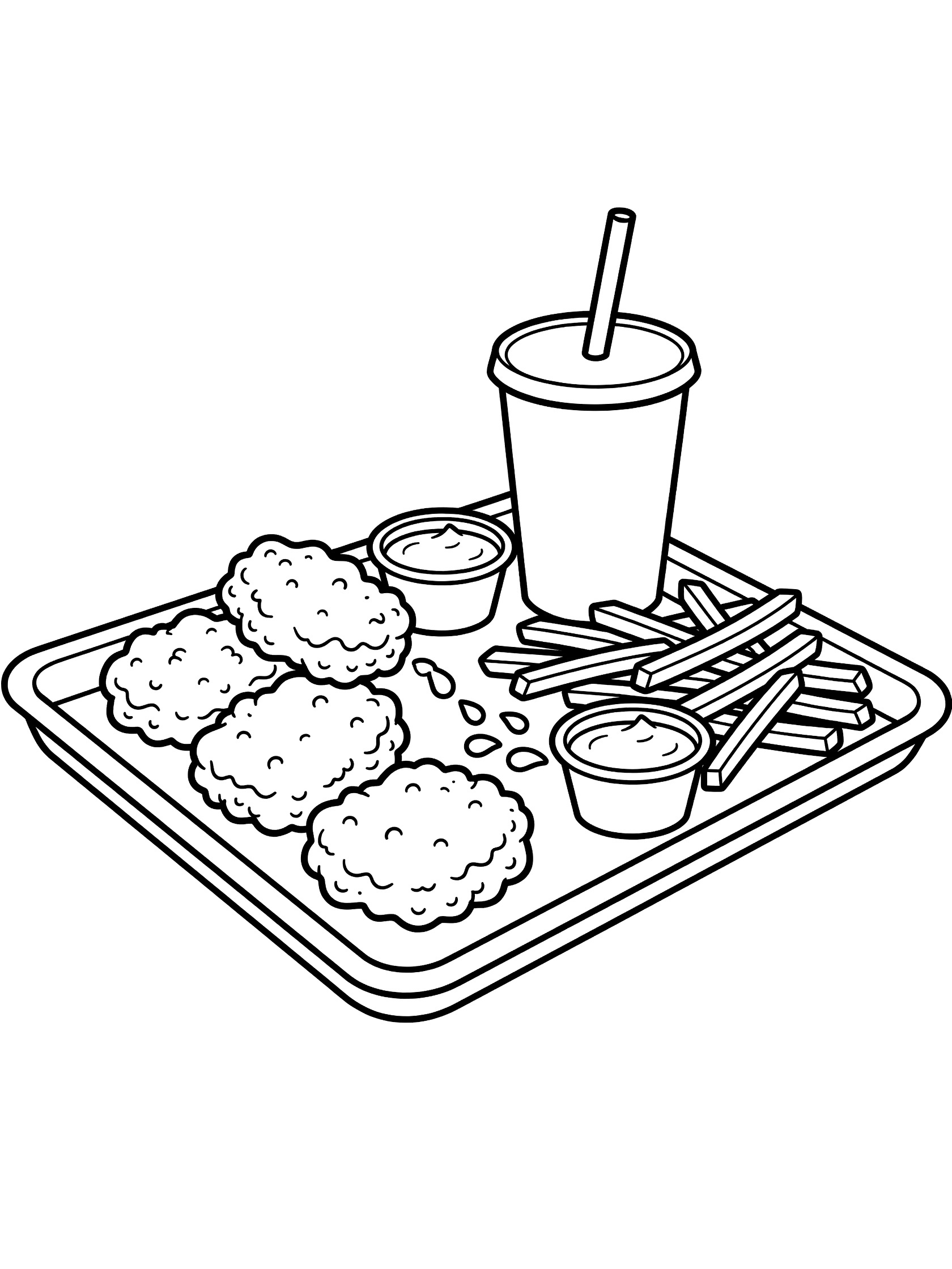 Line art coloring page showing chicken nuggets dipping into sauce cups on a paper-lined tray with fries and straw cup
